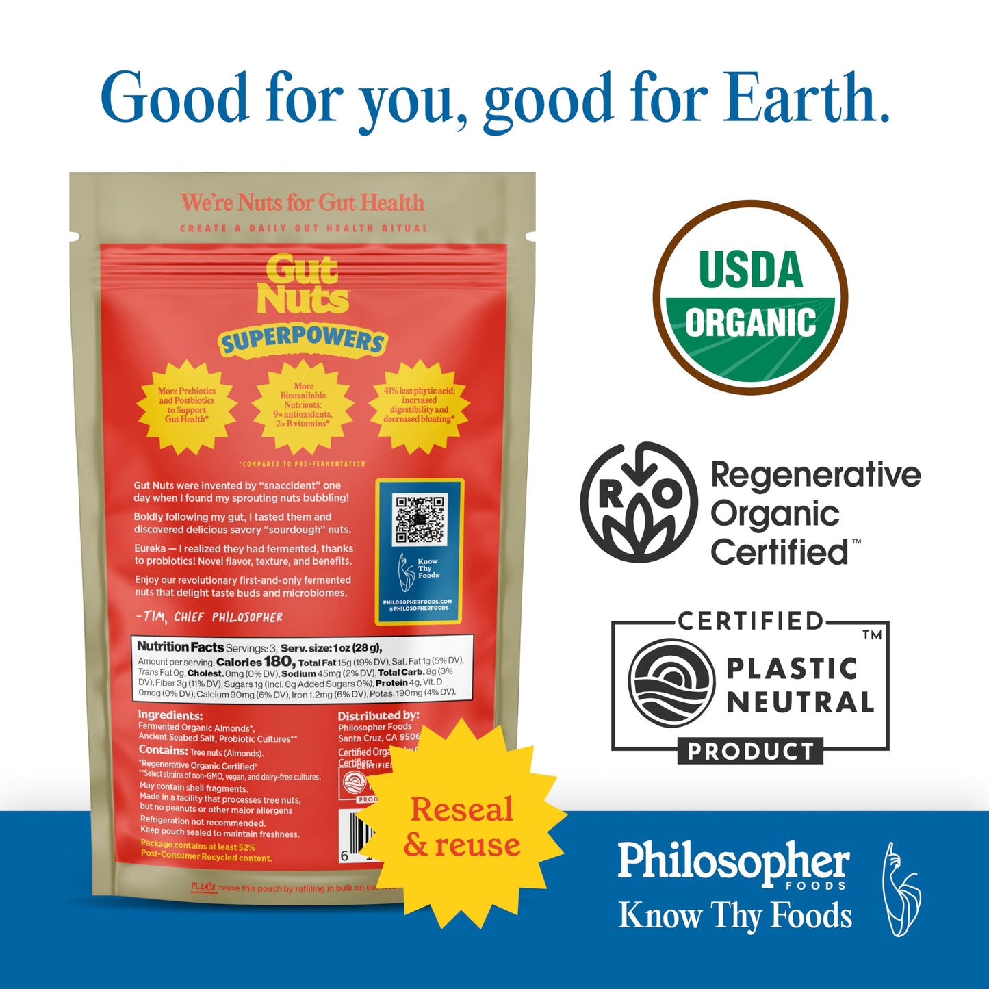 Philosopher Foods Gut Nuts - Fermented Almonds for Gut Health - Tangy, Umami, & Salty Flavors - Super Crunchy Low Carb Keto Snac