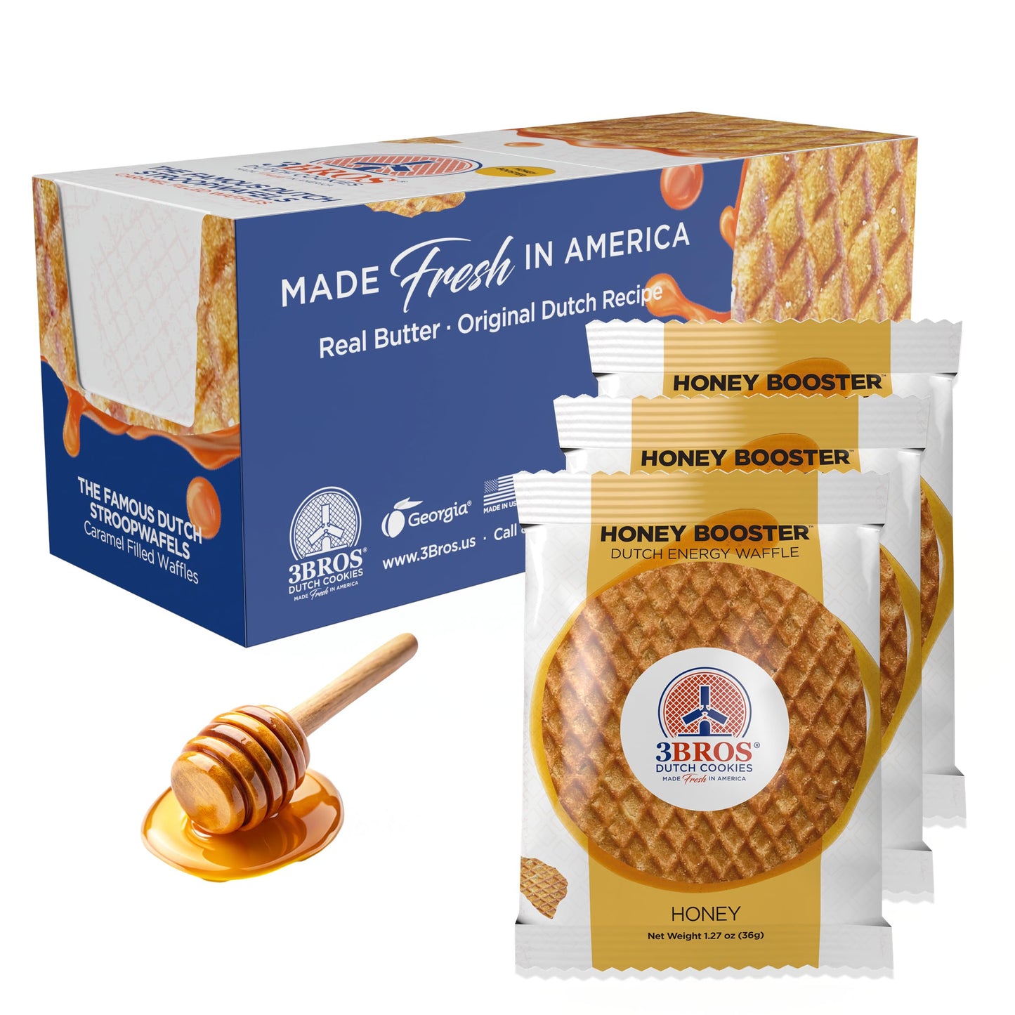 3Bros Honey Booster - Original Dutch Energy Waffle- Wafer Cookie - Individually Wrapped Stroopwafels - Made Fresh in the USA in 