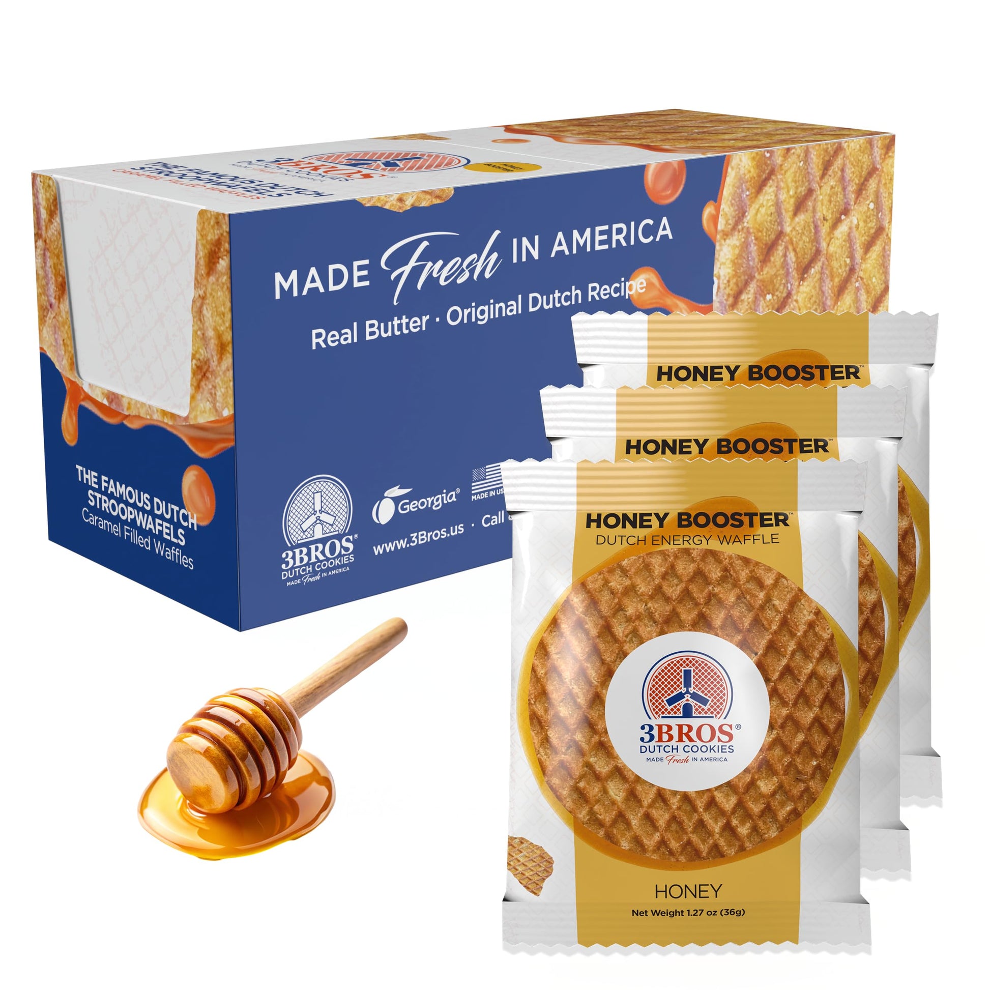3Bros Honey Booster - Original Dutch Energy Waffle- Wafer Cookie - Individually Wrapped Stroopwafels - Made Fresh in the USA in 