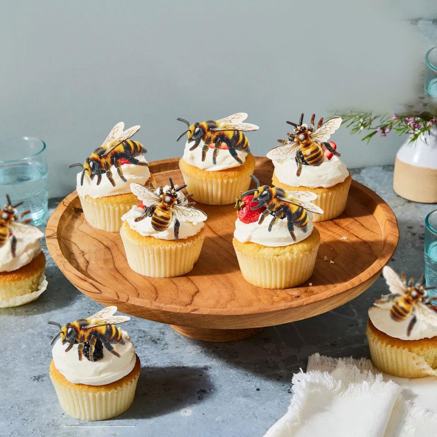 Cyodoos 40 Pcs Edible Bumble Bee Cupcake Toppers Wafer Paper Bumble Bee Party Drink Topper Decorations For Kids Girls Birthday B