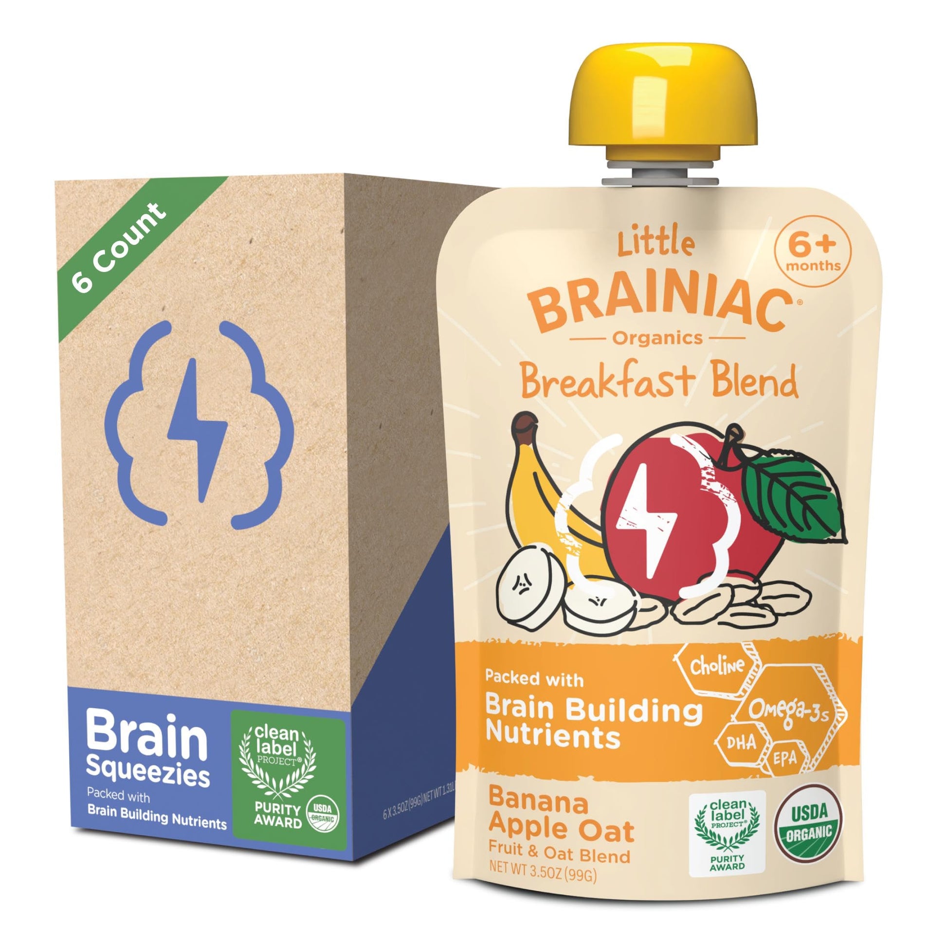 Little Brainiac Breakfast Blend Organic Fruit & Oat Toddler Pouches, Banana Apple Oat with Omega-3s DHA/EPA and Choline, Clean L