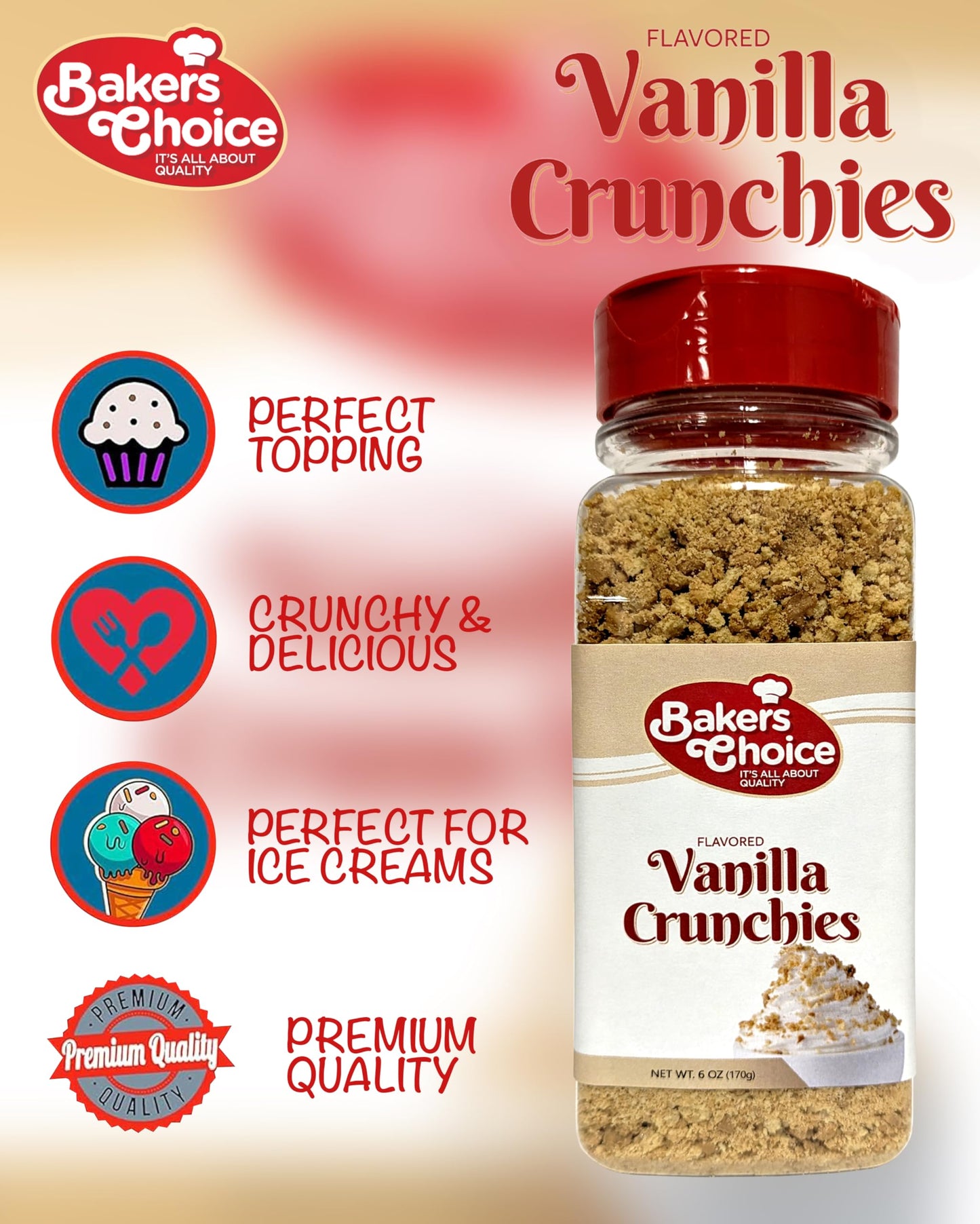 Bakers Choice Vanilla Crunch Topping - Dairy Free Light Brown Sprinkles for Ice Cream - 6 Ounce