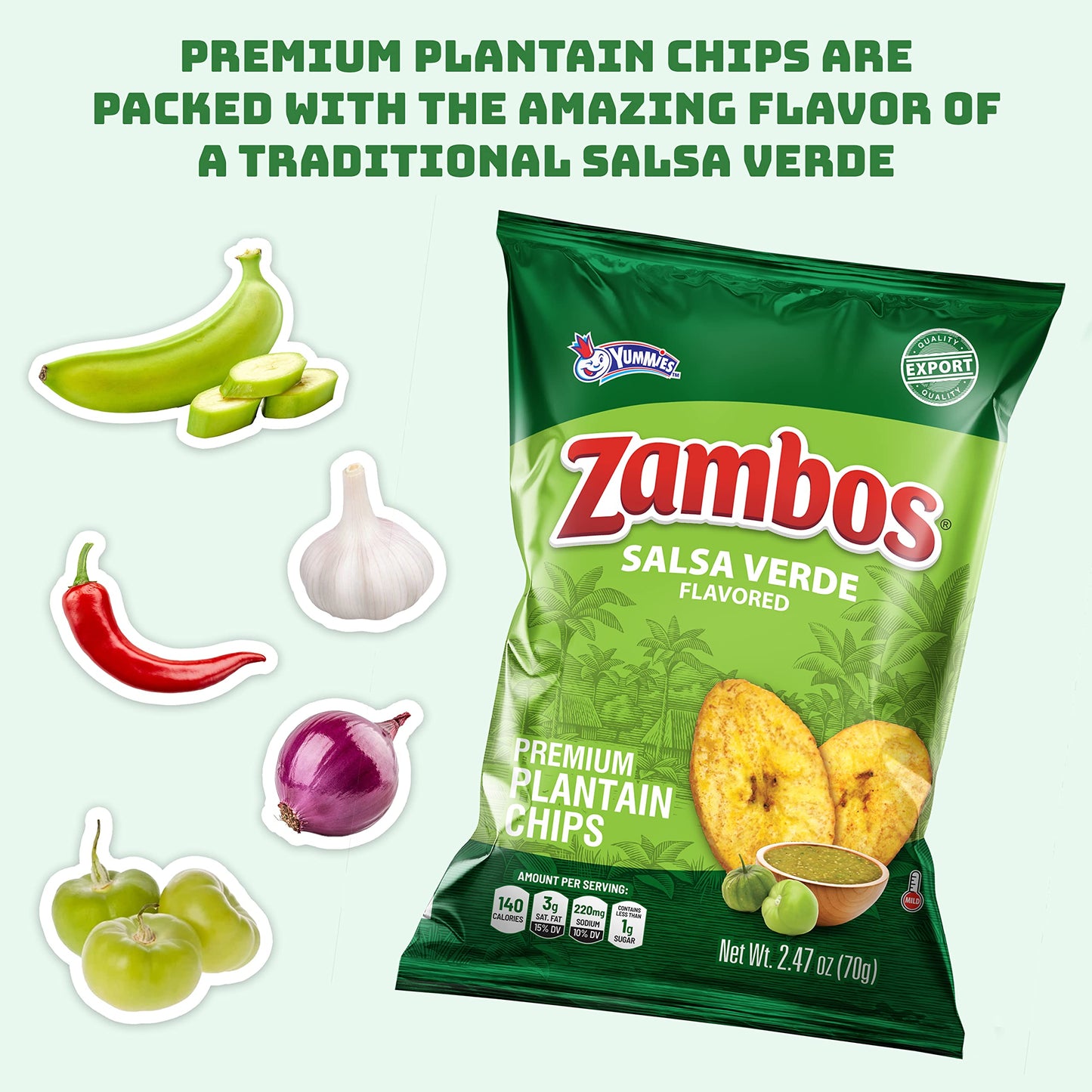 Zambos Plantain Chips Salsa Verde, Crunchy Premium Plantain Chips, 8 Pack 2.47 Ounce