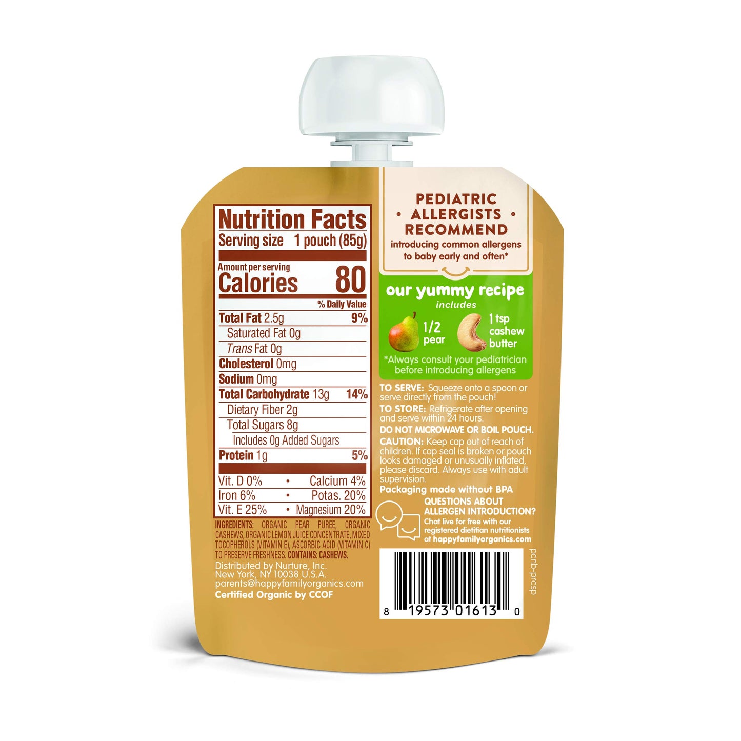 Happy Baby Organics Nutty Blends Organic Pears With 1 Tsp Cashew Butter 3 Oz Pouch (Pack Of 8)