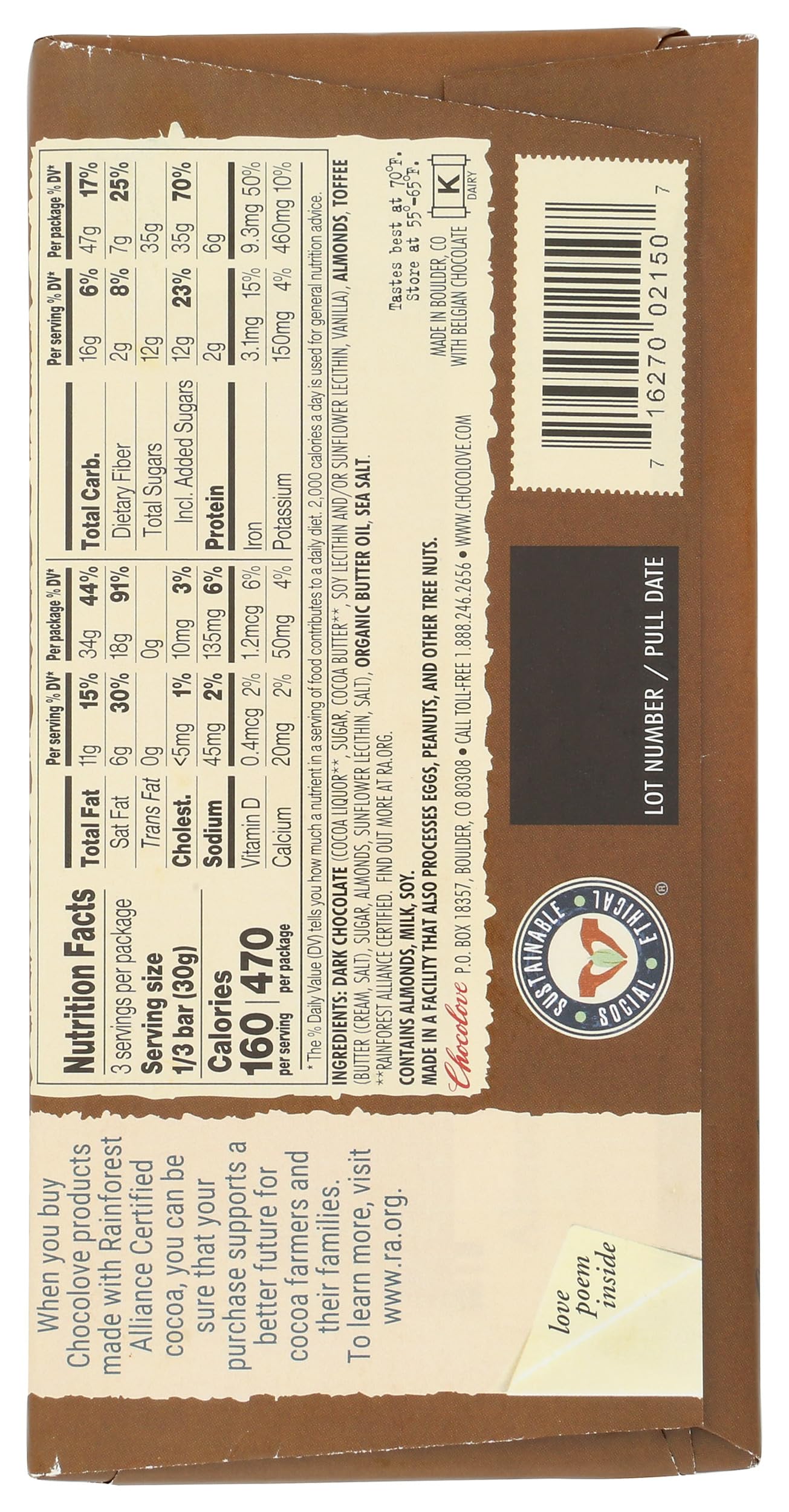 Chocolove Xoxox Bar Almond Toffee Salted, 3.2 Ounce