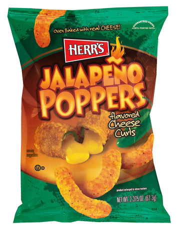 Herrs Jalapeo Poppers Flavored Cheese Curls - Made with Cheddar Cheese - Great for Bold Flavor Fans - 2.375 Ounce (Pack of 20)
