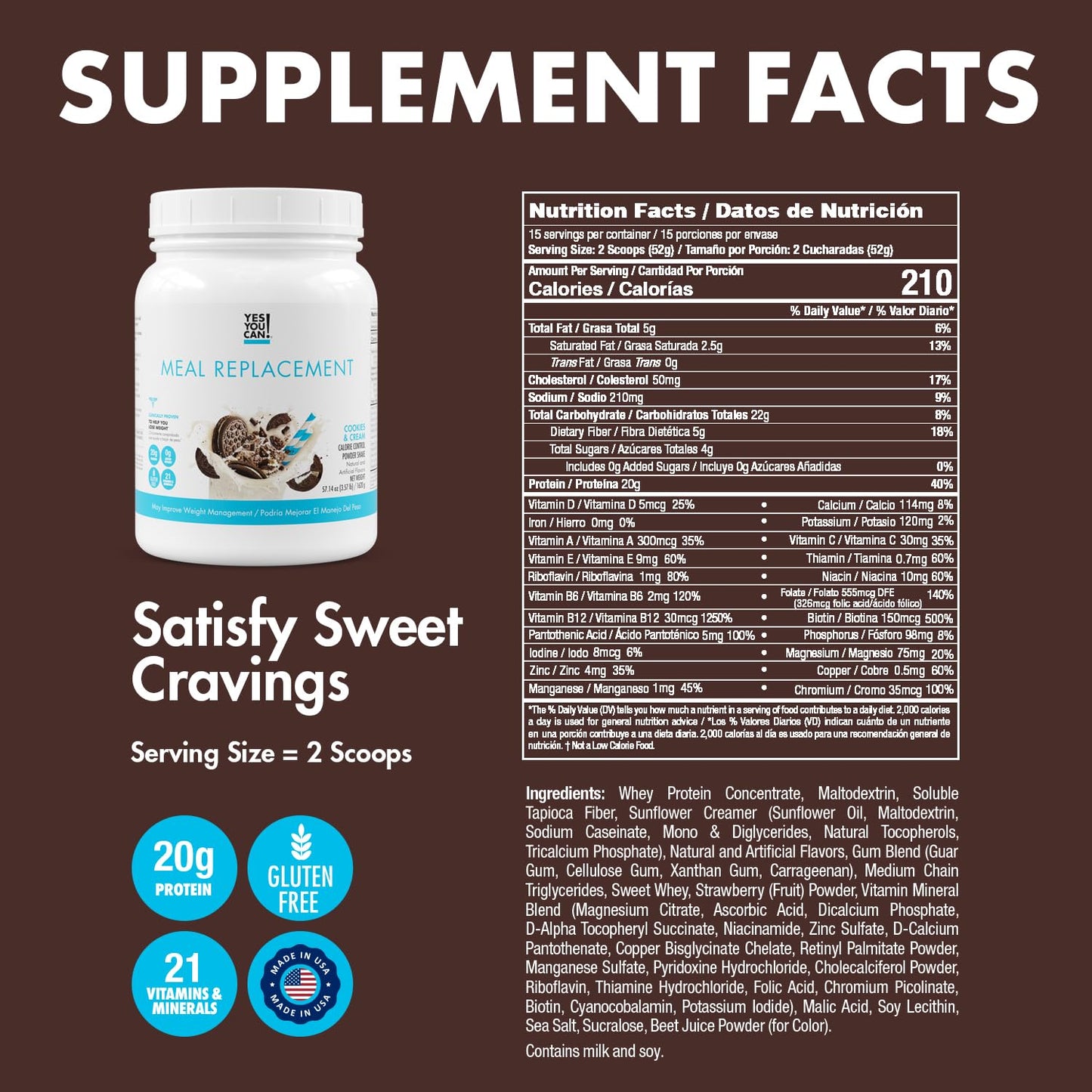 Yes You Can! Complete Meal Replacement Shake - 15 Servings, 20g Protein, 0g Added Sugars, Cookies & Cream