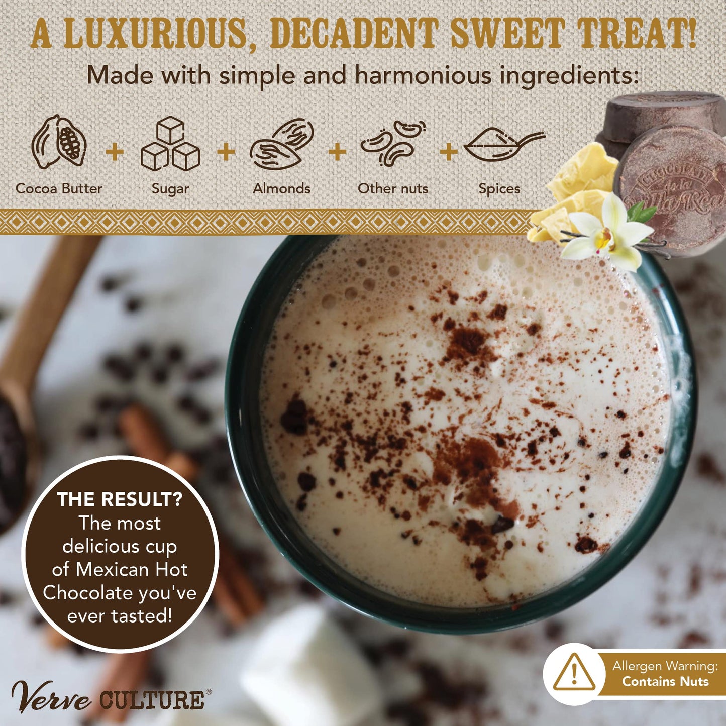 Mexican Hot Chocolate By Verve Culture, Dairy Free Vegan Hot Cocoa, Gourmet Spicy Hot Chocolate Discs, Vanilla Hot Chocolate, 25