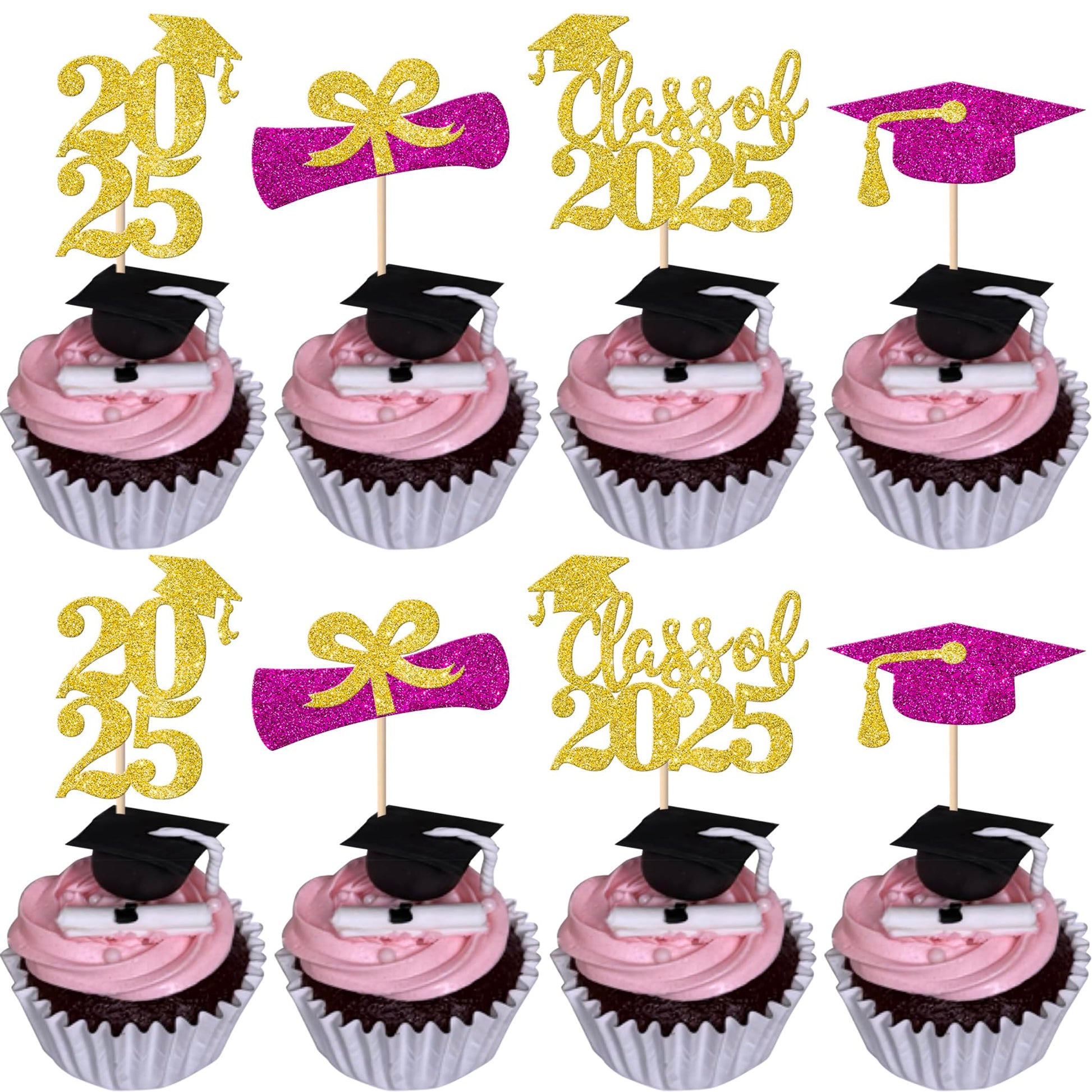 YCTHUNFISH Graduation Cupcake Toppers, 24 Pack, Glitter 2025, Diploma & Grad Cap Picks, Gold Purple, Ideal for 2025 Graduation Party Decor