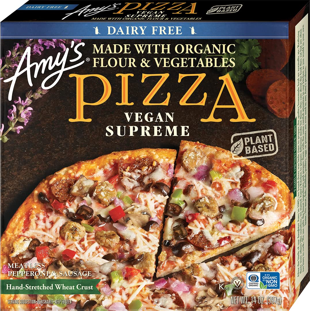 Amys Frozen Pizza, Supreme Vegan Pizza, Made With Organic Flour and Vegetables, Frozen Meals, 14.0 Oz