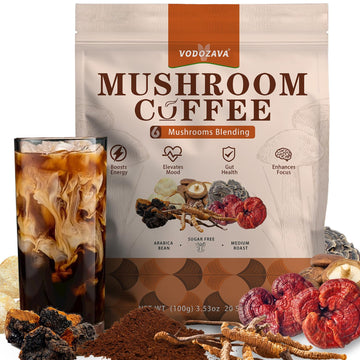 VODOZAVA Instant Mushroom Coffee Powder Weight Loss Espresso Cafe Extract with Chaga Lions Mane Turkey Tail Shiitake Cordyceps R
