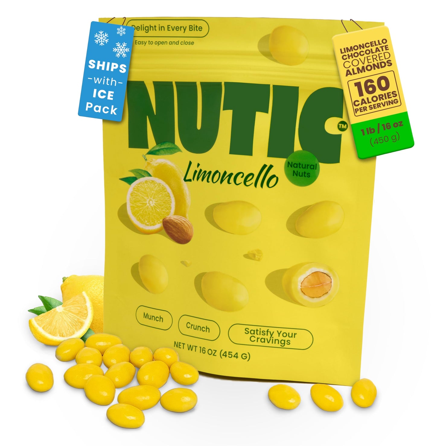 Nutic Lemoncello Chocolate Covered Almonds, 1 lb - Roasted Almonds in White Chocolate & Lemon Creme, Perfect for Snacks & Gifts
