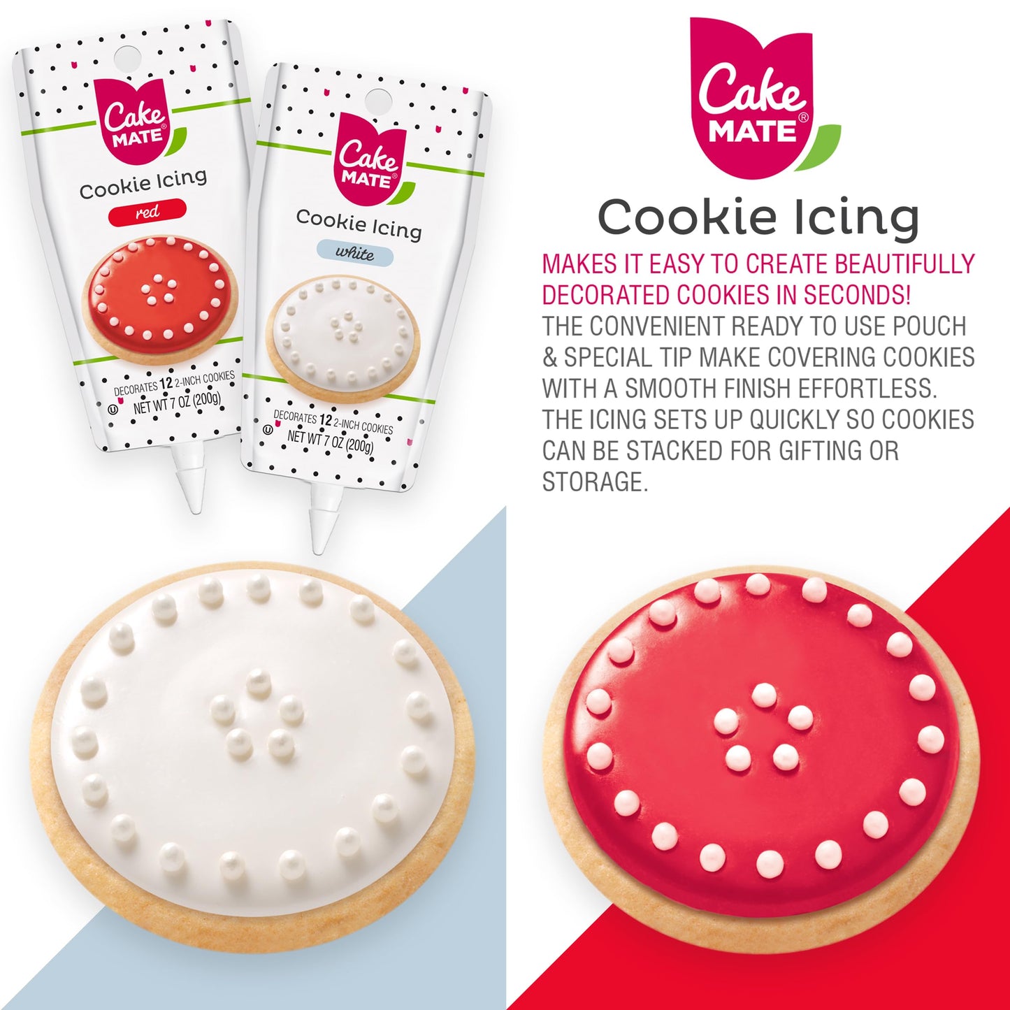 Cake Mate Cookie Dessert Decorating Kit - Red & White Icing, Red & Pink Sugar Sprinkles - Perfect for Valentines Day and Parties