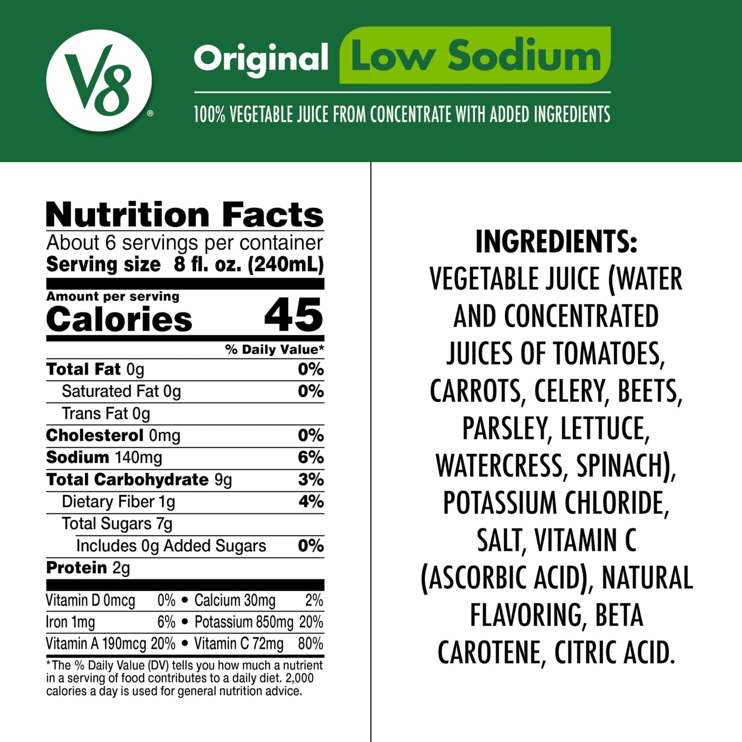 V8 Low Sodium Original 100% Vegetable Juice, 46 fl oz Bottle (Case of 6)