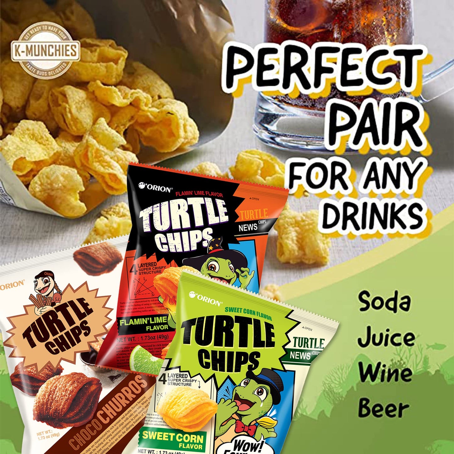 K-Munchies Orion Turtle Chips - 6 Variety Packs, 49G - Churro Chips (2), Sweet Corn Chips (2), And Flamin' Lime Korean Chips (2)