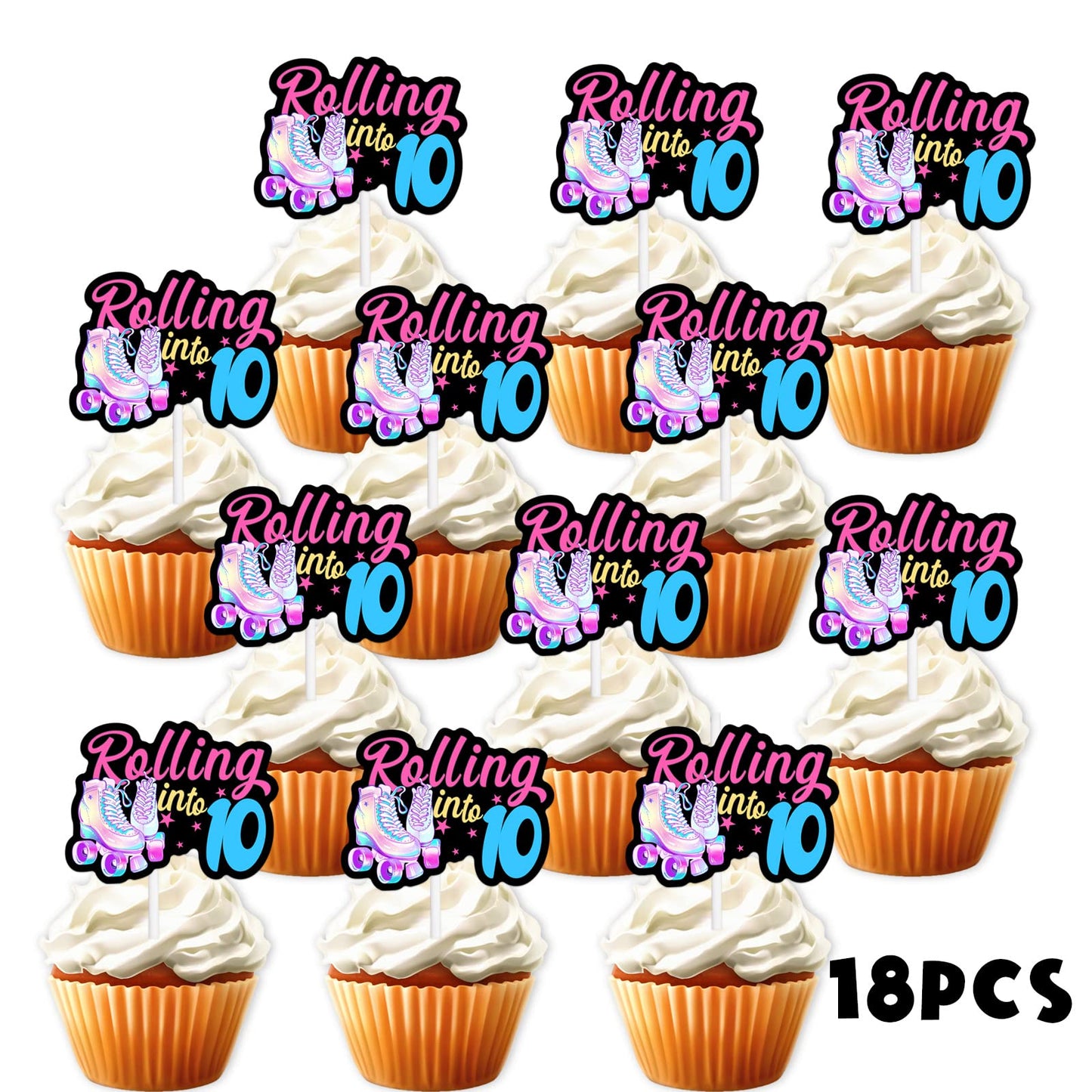 18Pcs Black Glitter Pink Roller Skates Dessert Cupcake Topper 80S 90S Retro Hip Hop Roller Skating Rolling Into 10 Theme Decor S