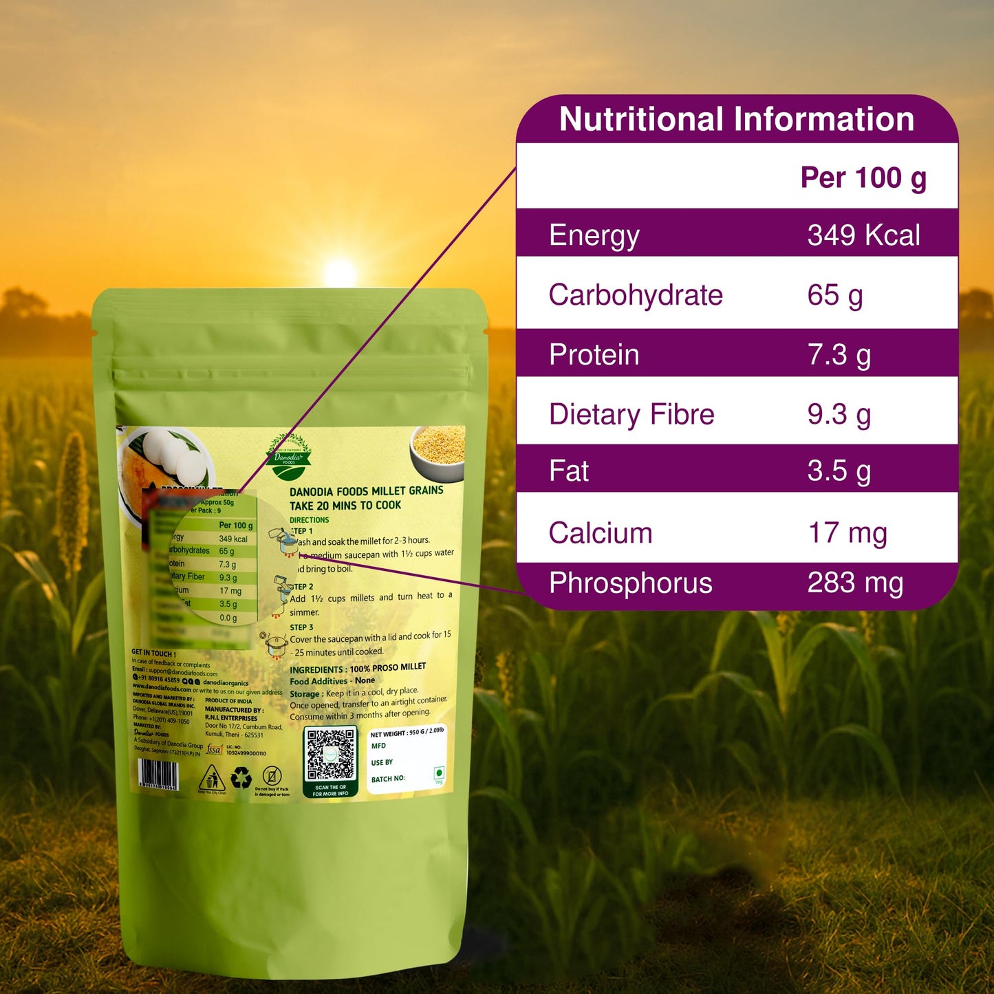 Danodia Foods Organic Proso Millet (2 Lbs | 950G | 33Oz) | Unpolished, Whole Grain, Gluten-Free, Hulled Superfood | Natural, Non-Gmo, Vegan, High Fiber & Protein | Fda Registered