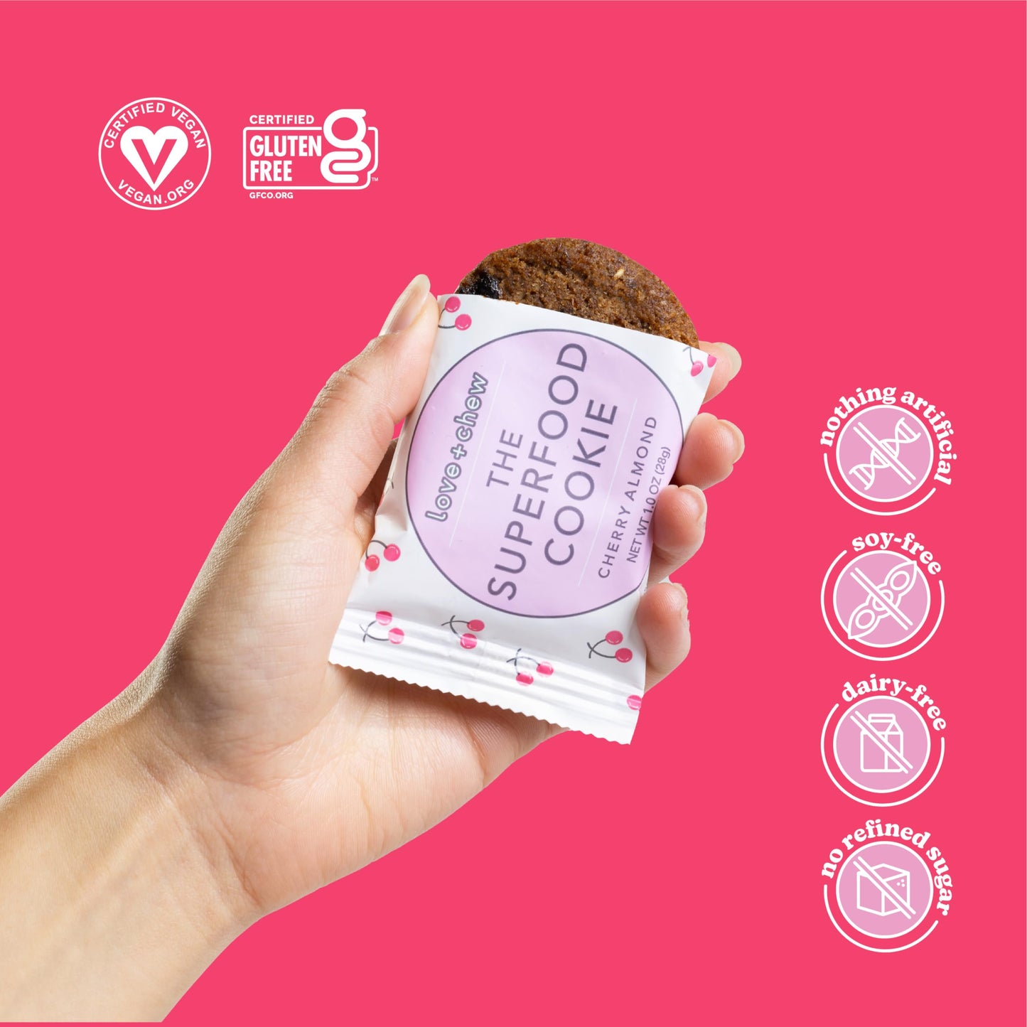 Love + Chew Soft Baked Protein Cookies, Gluten Free | (18) Count Cherry Almond Minis | Vegan, Paleo, Non GMO and Packed with Sup