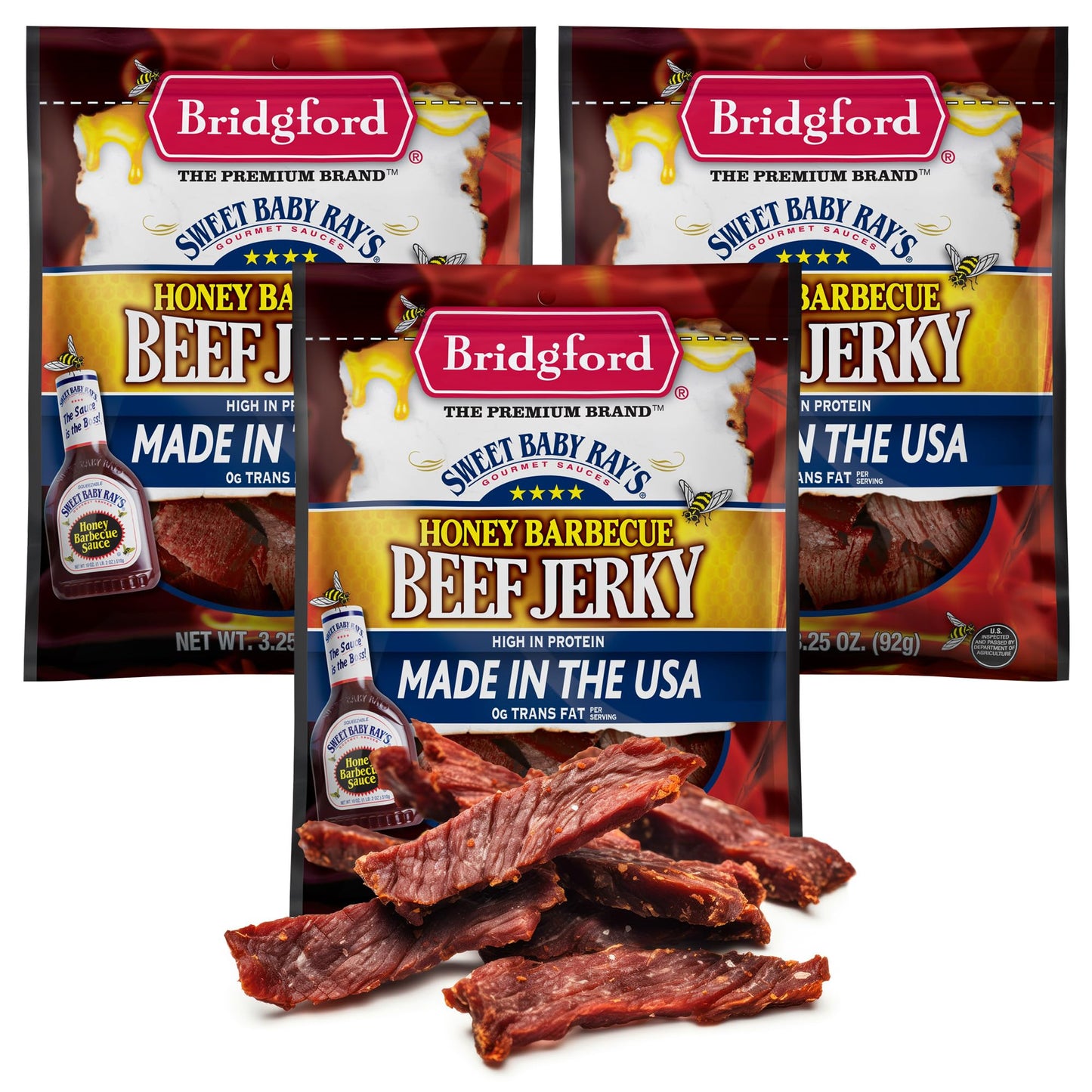 Bridgford Beef Jerky Honey BBQ - High Protein Snack, 3 Pack, Ready-to-Eat Meat Snacks
