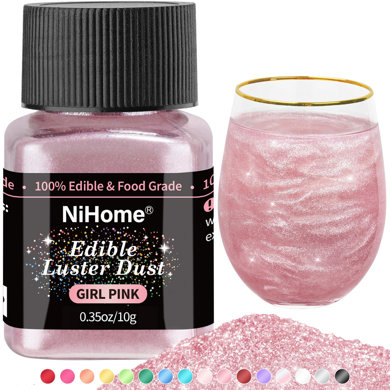 NiHome Edible Glitter Powder - Metallic Food Decorating Dust, 10g/0.35oz, Girl Pink