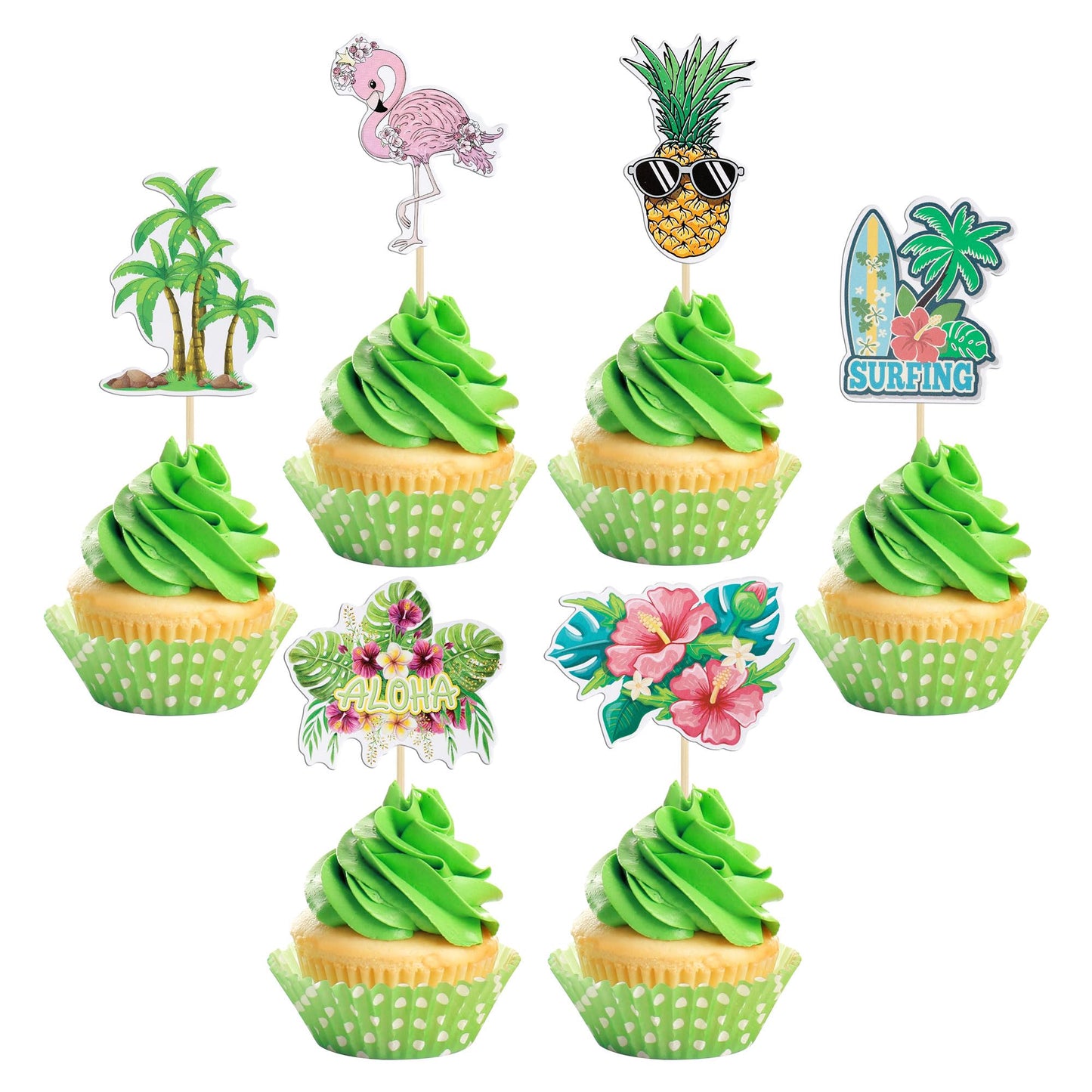 Gyufise 36Pcs Tropical Aloha Luau Cupcake Toppers Palm Tree Flower Turtle Leaves Flamingo Pineapple Cupcake Picks Summer Hawaiia