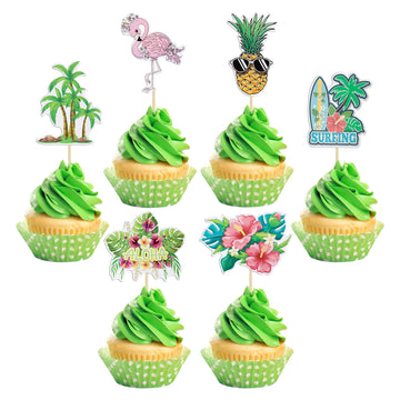 Gyufise 36Pcs Tropical Aloha Luau Cupcake Toppers Palm Tree Flower Turtle Leaves Flamingo Pineapple Cupcake Picks Summer Hawaiia