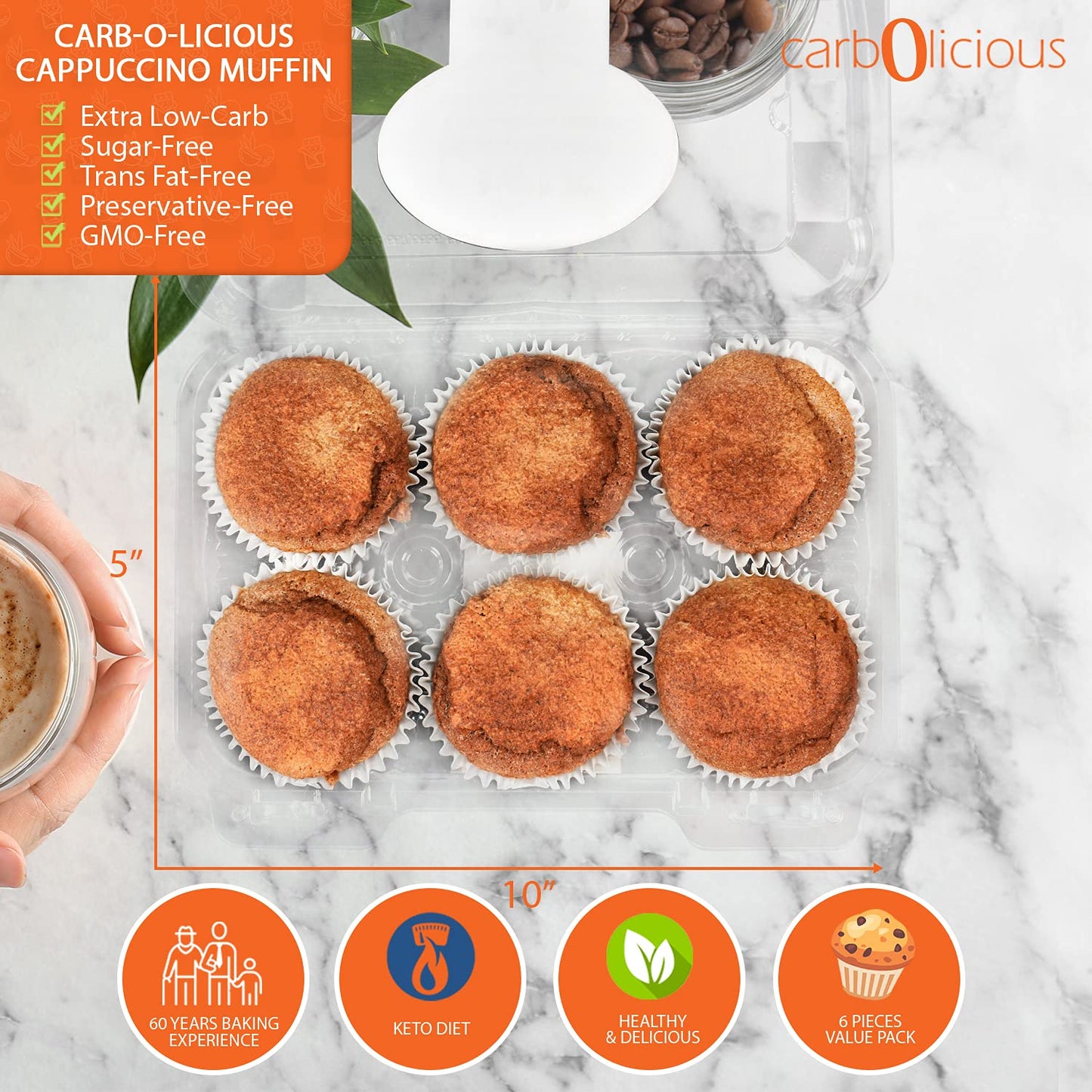 Low Carb Cappuccino Muffins [6-Pack] By Carb-O-Licious- Delicious Keto Muffins With Only 2 Net Carbs Each- Sugar Free Healthy Sn