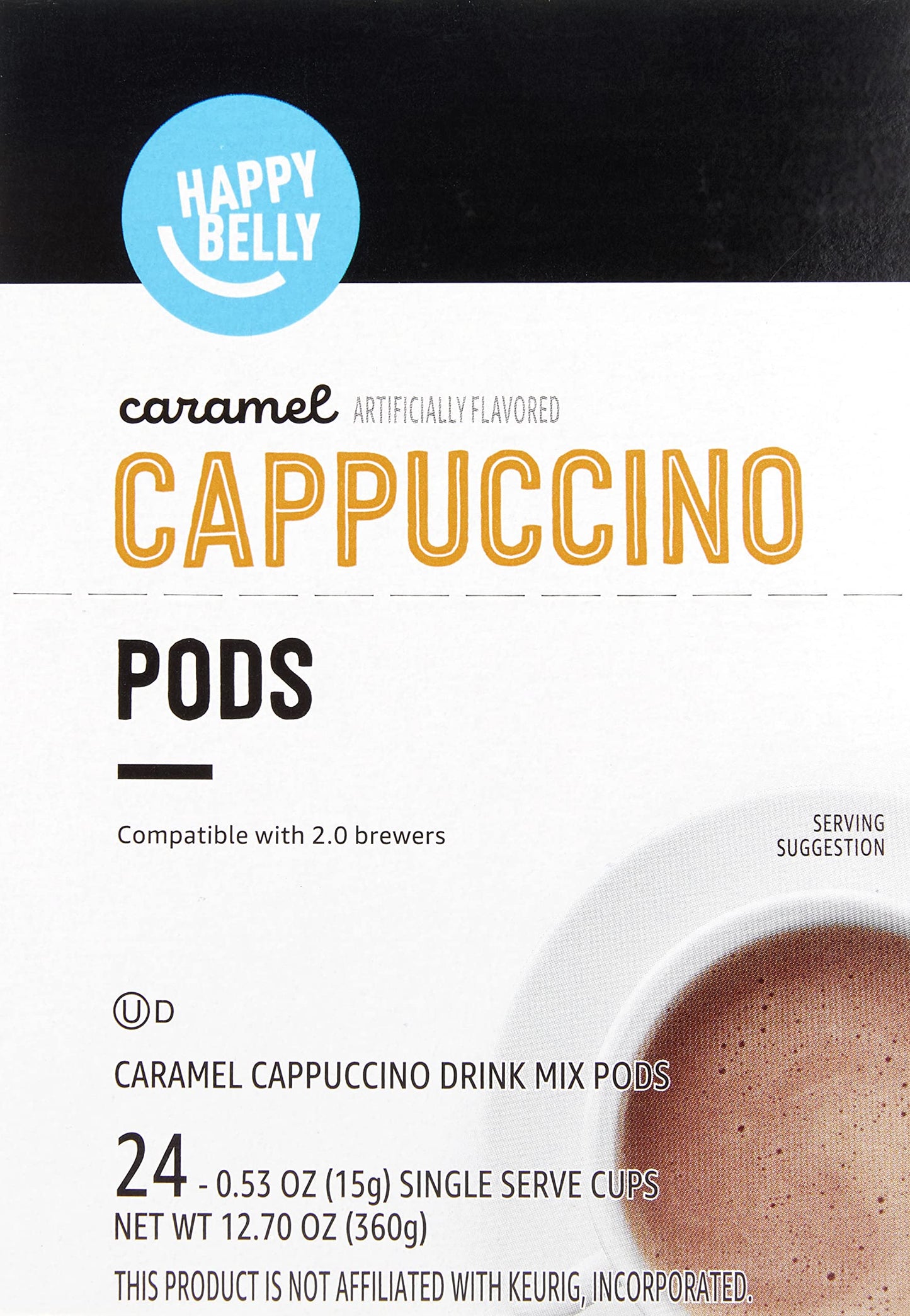 Happy Belly Cappuccino Coffee Pods, Light Roast, Caramel Flavor, 24 Count, Creamy Tan