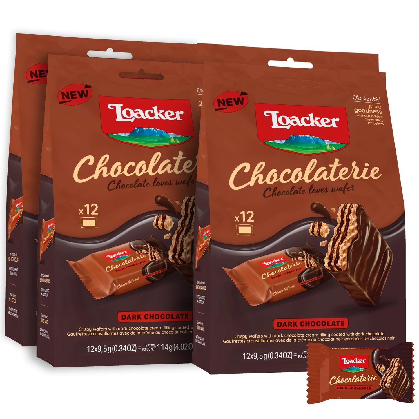 Loacker Chocolaterie Dark Chocolate  Individually Wrapped Top-Grade Enrobed Crispy Cocoa Wafer Minis With Cream Filling  Sustainably Sourced  Made In Italy  4 X 4.02 Oz Bags
