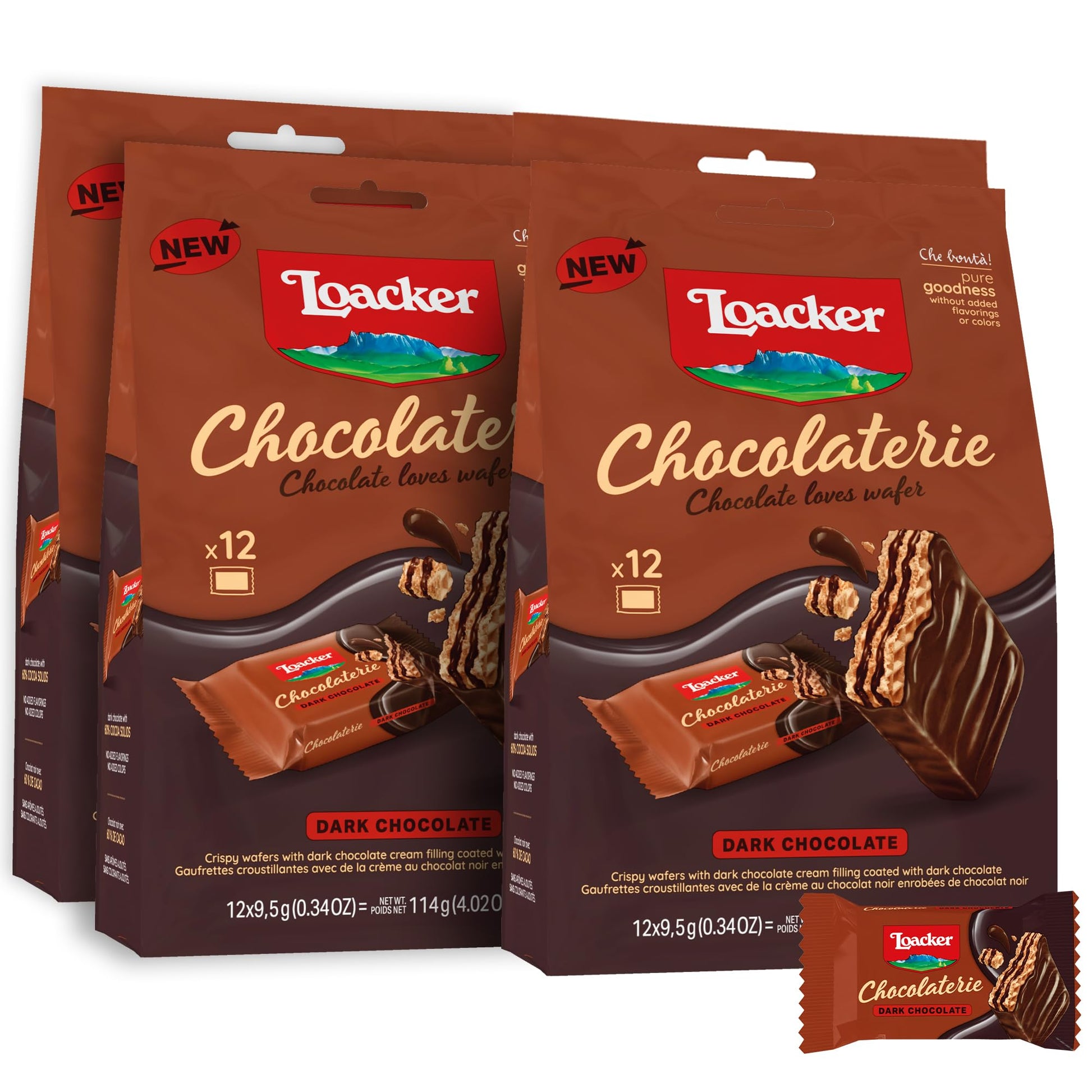 Loacker Chocolaterie Dark Chocolate  Individually Wrapped Top-Grade Enrobed Crispy Cocoa Wafer Minis With Cream Filling  Sustainably Sourced  Made In Italy  4 X 4.02 Oz Bags