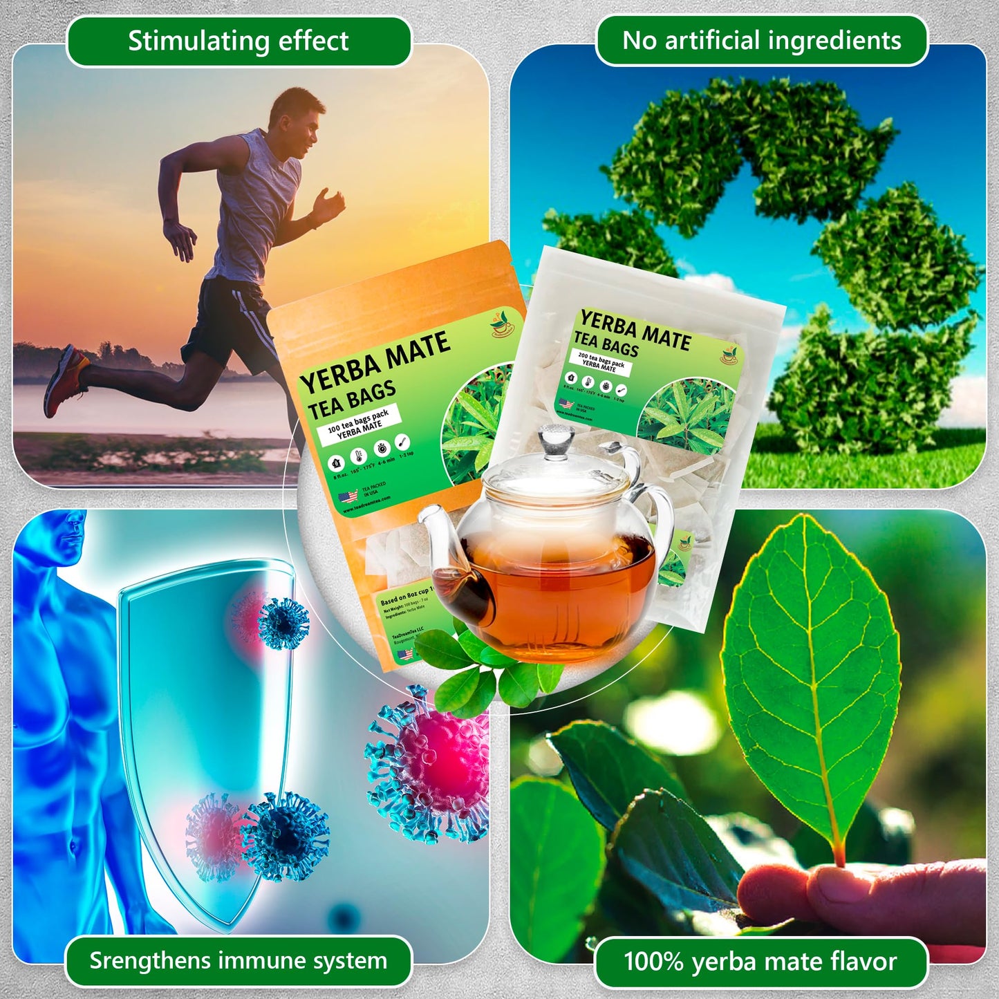 Yerba Mate Tea - Green Cut & Sifted - Unsmoked Energy Boost - 300 Tea Bags - Packed With Nutrients - Your Perfect Coffee Replace