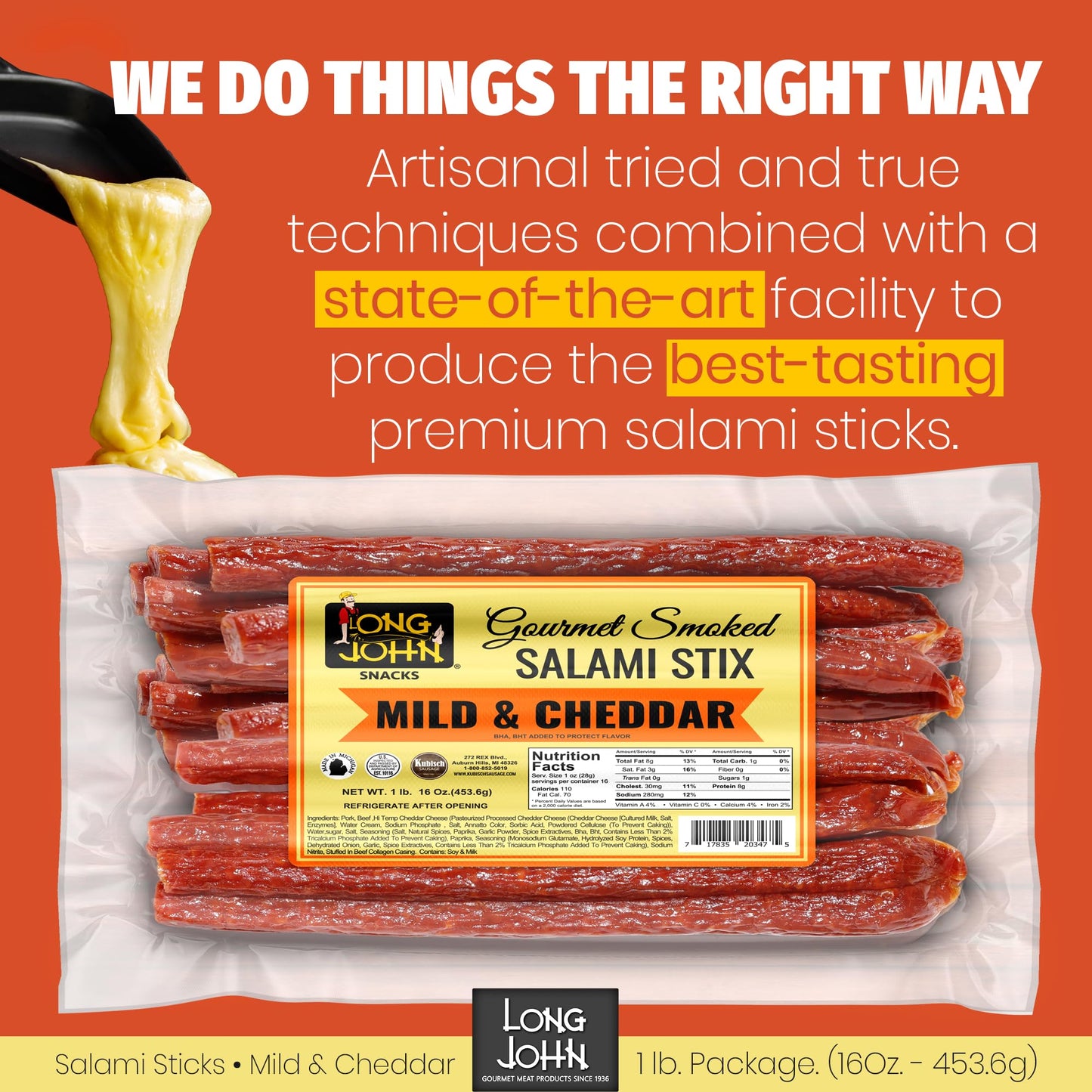 Long John Snacks Dried Salami Sticks - High Protein, Low Carb, Gluten-Free - 1 lb Bulk Pack
