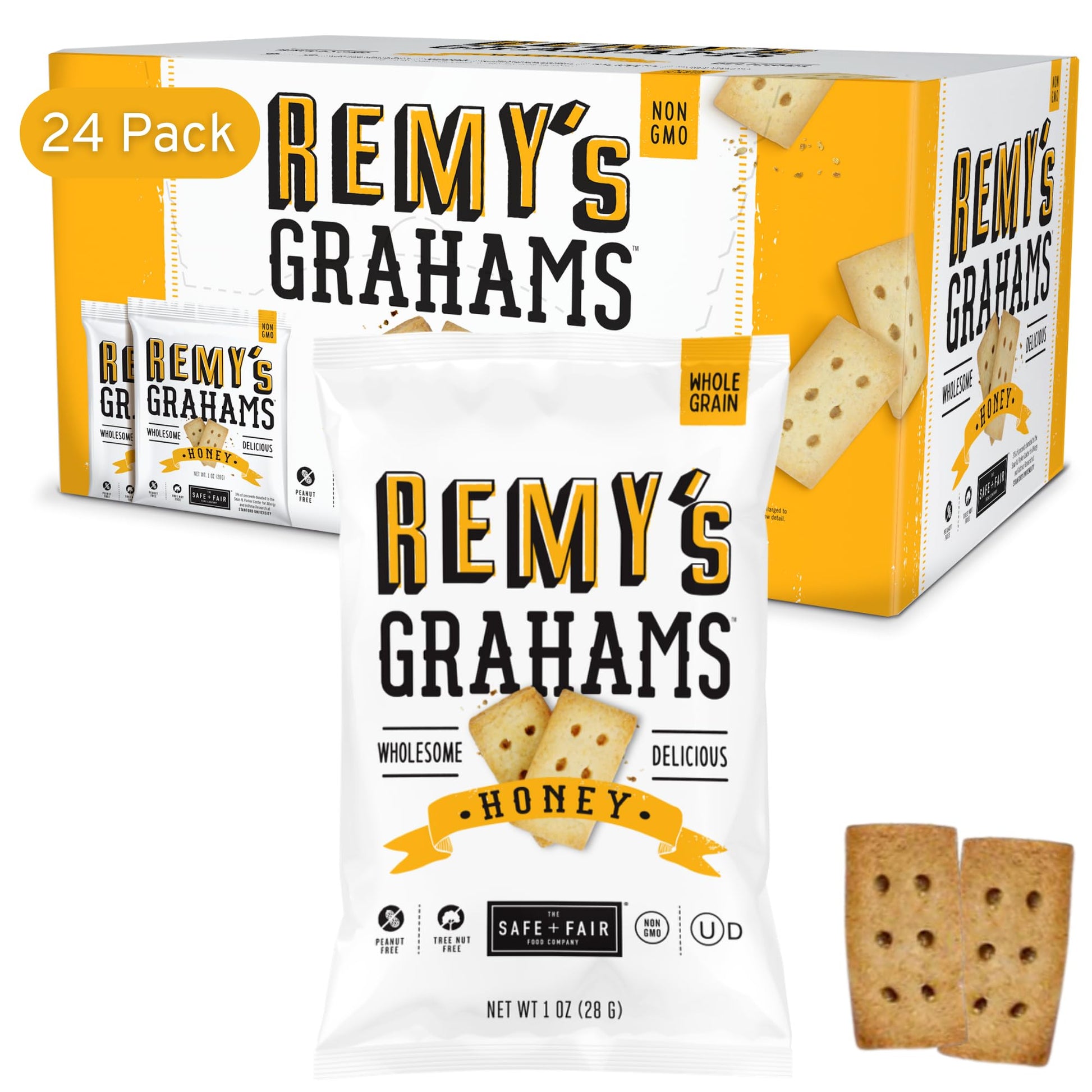 Safe + Fair Remys Honey Grahams 24ct - Wholesome Healthy Snacks Bite-Sized Whole Grain Treats Single-Serve Pouches for School L