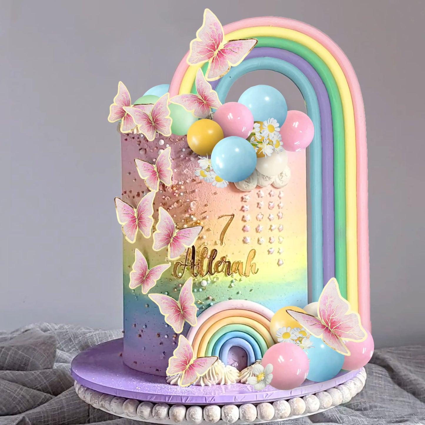 25Pcs Rainbow Cake Topper Balls Cake Decorations Boho Cake Topper With Macaron Balls Artificial Flowers And Butterflies For Baby
