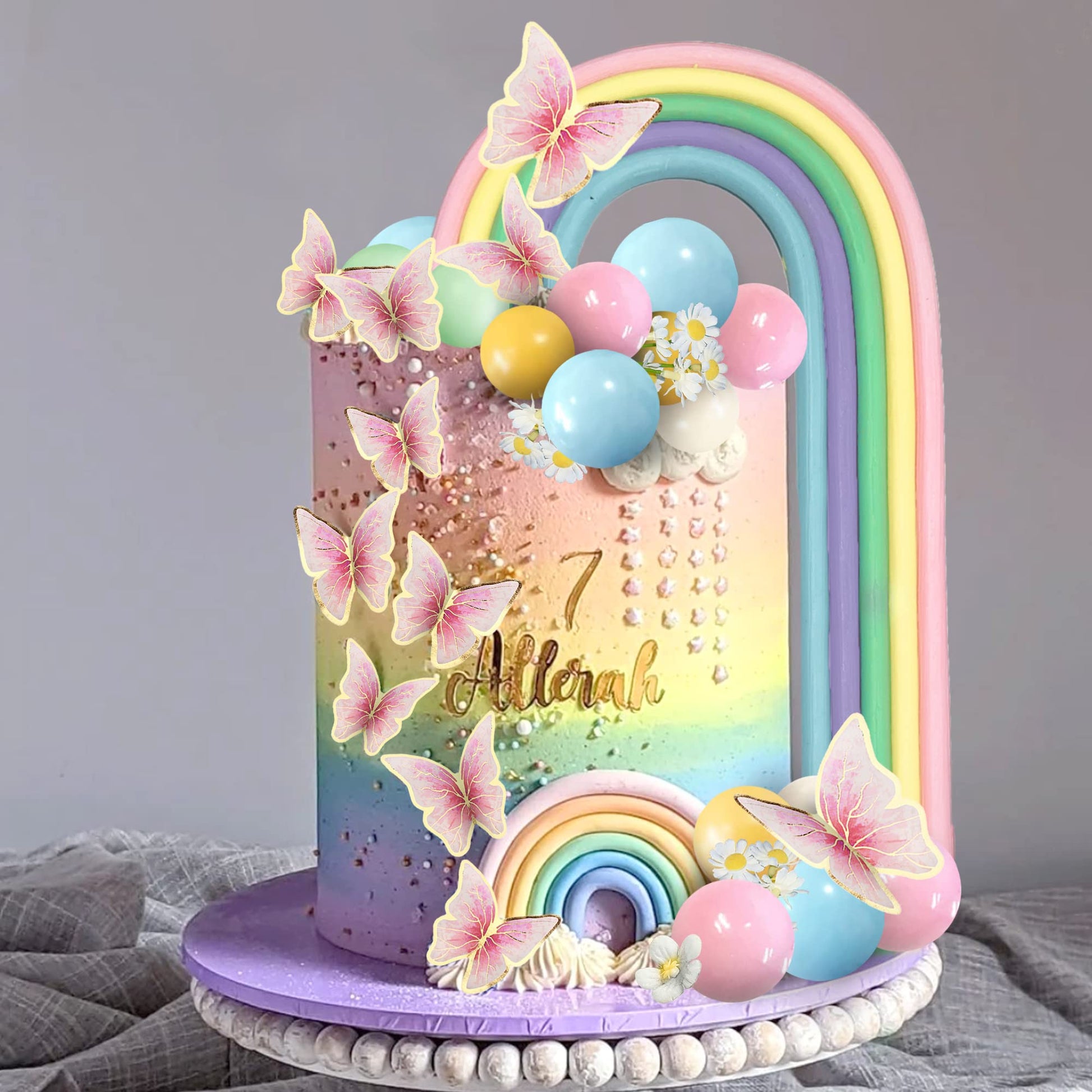 25Pcs Rainbow Cake Topper Balls Cake Decorations Boho Cake Topper With Macaron Balls Artificial Flowers And Butterflies For Baby