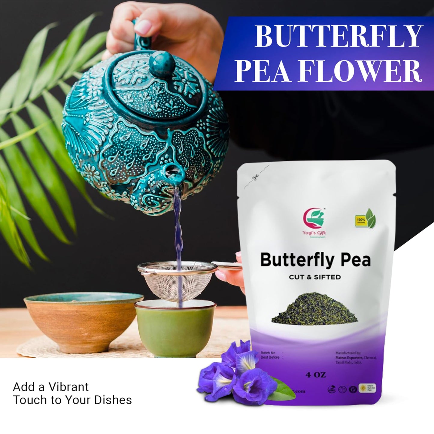 Butterfly Pea Flower 4 Oz, Loose Leaf Cut & Sifted (300+ Cups), Non-Gmo Dried Flowers, Natural Blue, Purple Drinks & Food Coloring, Enhanced Quality, By Yogi’S Gift®