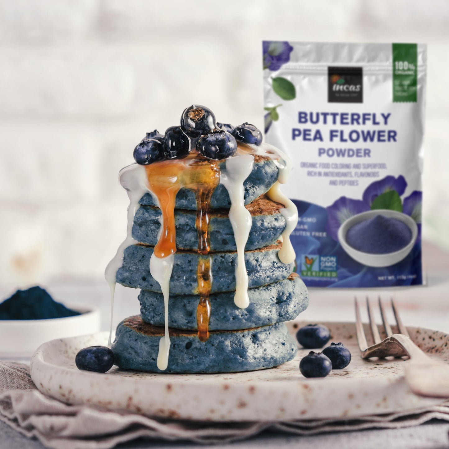 INCAS 100% Organic Butterfly Pea Flower Powder - 4oz Blue Matcha Tea, Non-GMO, Vegan Culinary Colorant from Thailand