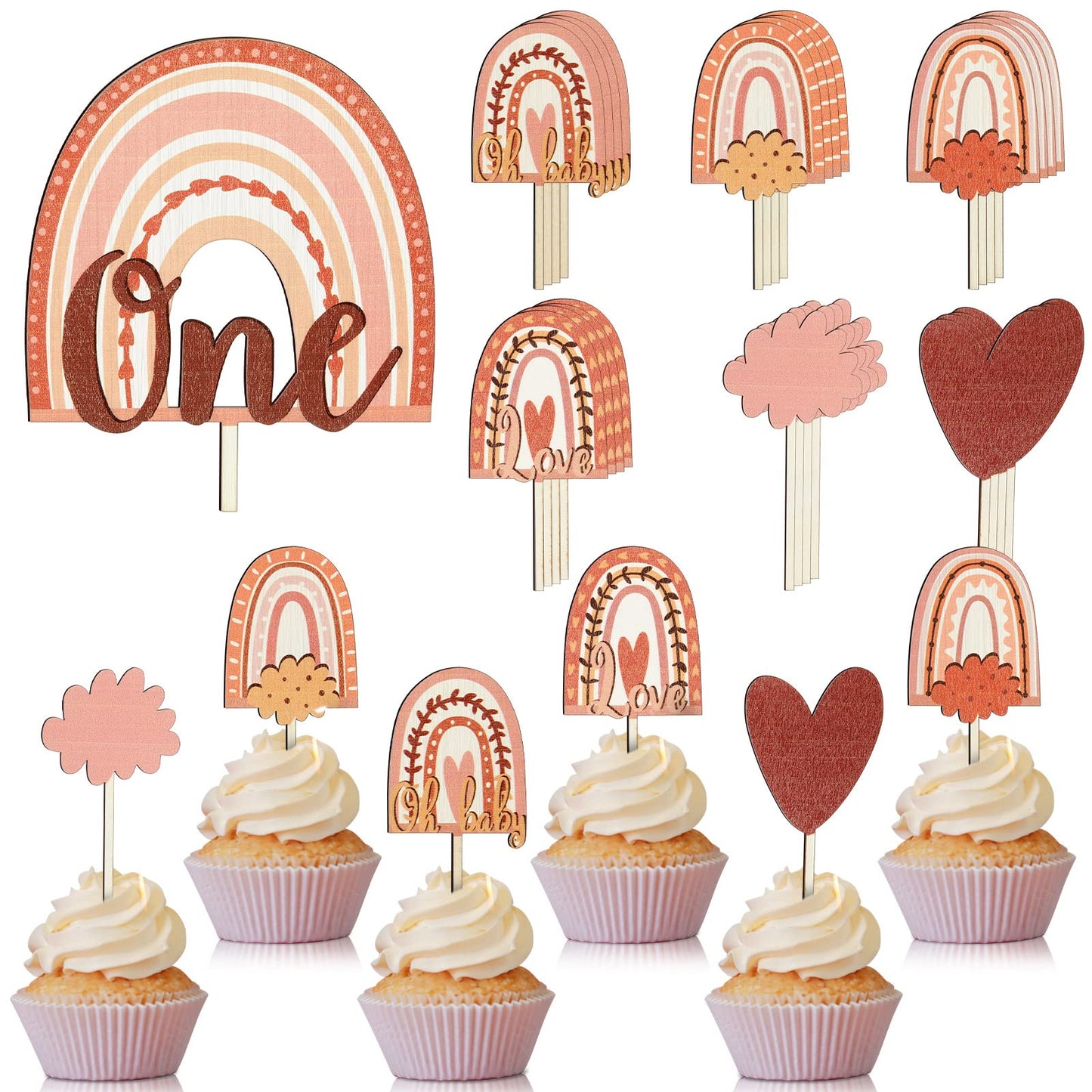 Juexica 25 Pcs Rainbow Cake Topper One Cake Topper 1St Birthday Cake Topper First Wood Rainbow Cupcake Toppers Cake Topper Boho 
