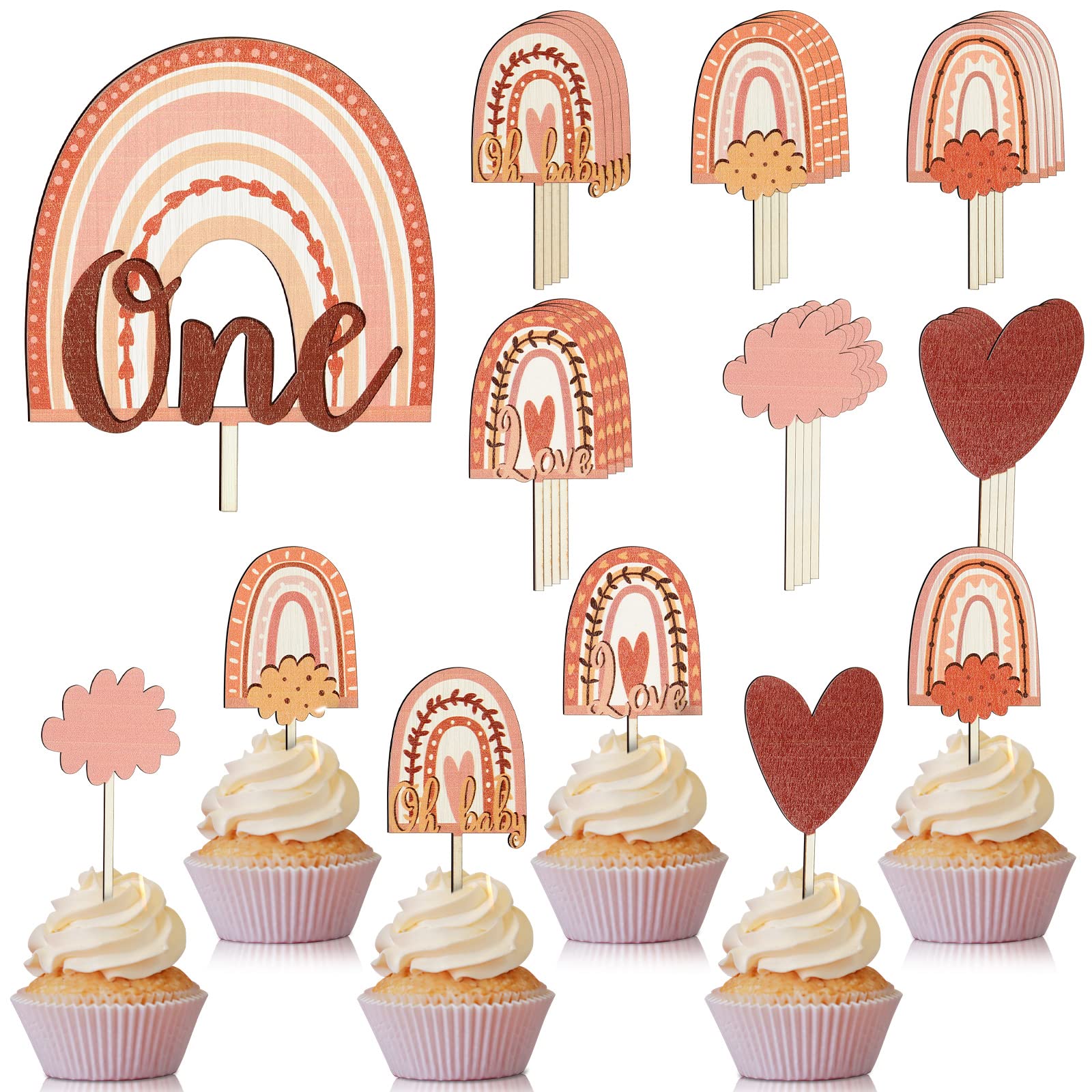 Juexica 25 Pcs Rainbow Cake Topper One Cake Topper 1St Birthday Cake Topper First Wood Rainbow Cupcake Toppers Cake Topper Boho 