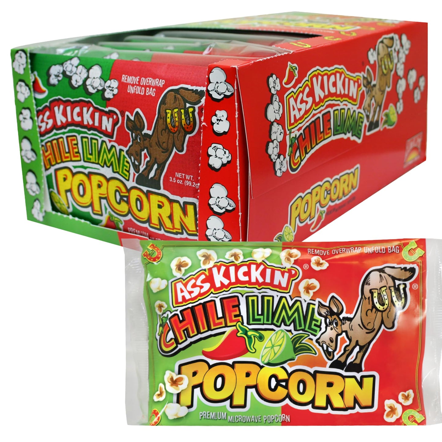 ASS KICKIN Chile Lime Microwave Popcorn - 6 Pack, 3.5 Ounce - Spicy Gourmet Snack for Movie Night