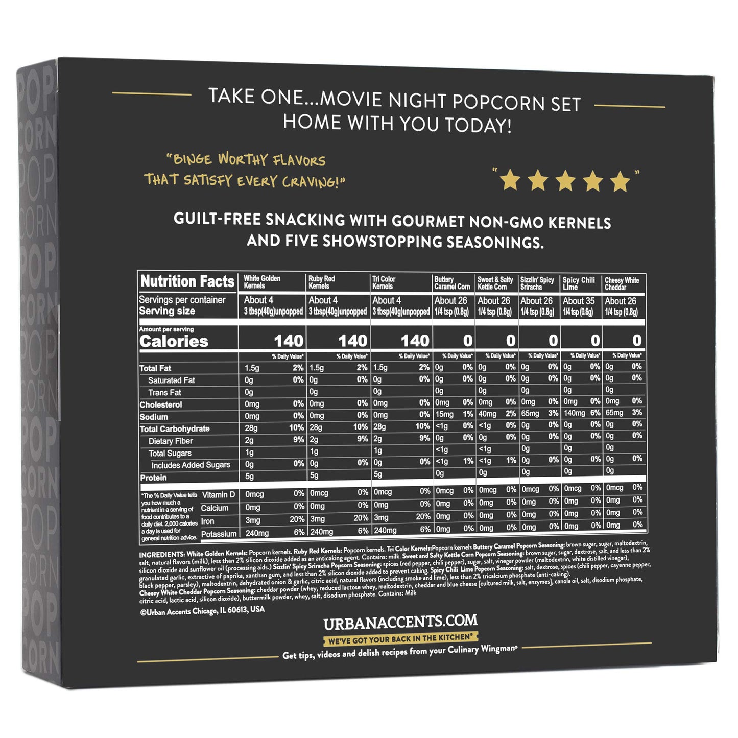 Urban Accents MOVIE NIGHT Popcorn Kernels and Popcorn Seasoning Variety Pack (set of 8) - 3 Non-GMO Popcorn Kernel Packs and 5 G