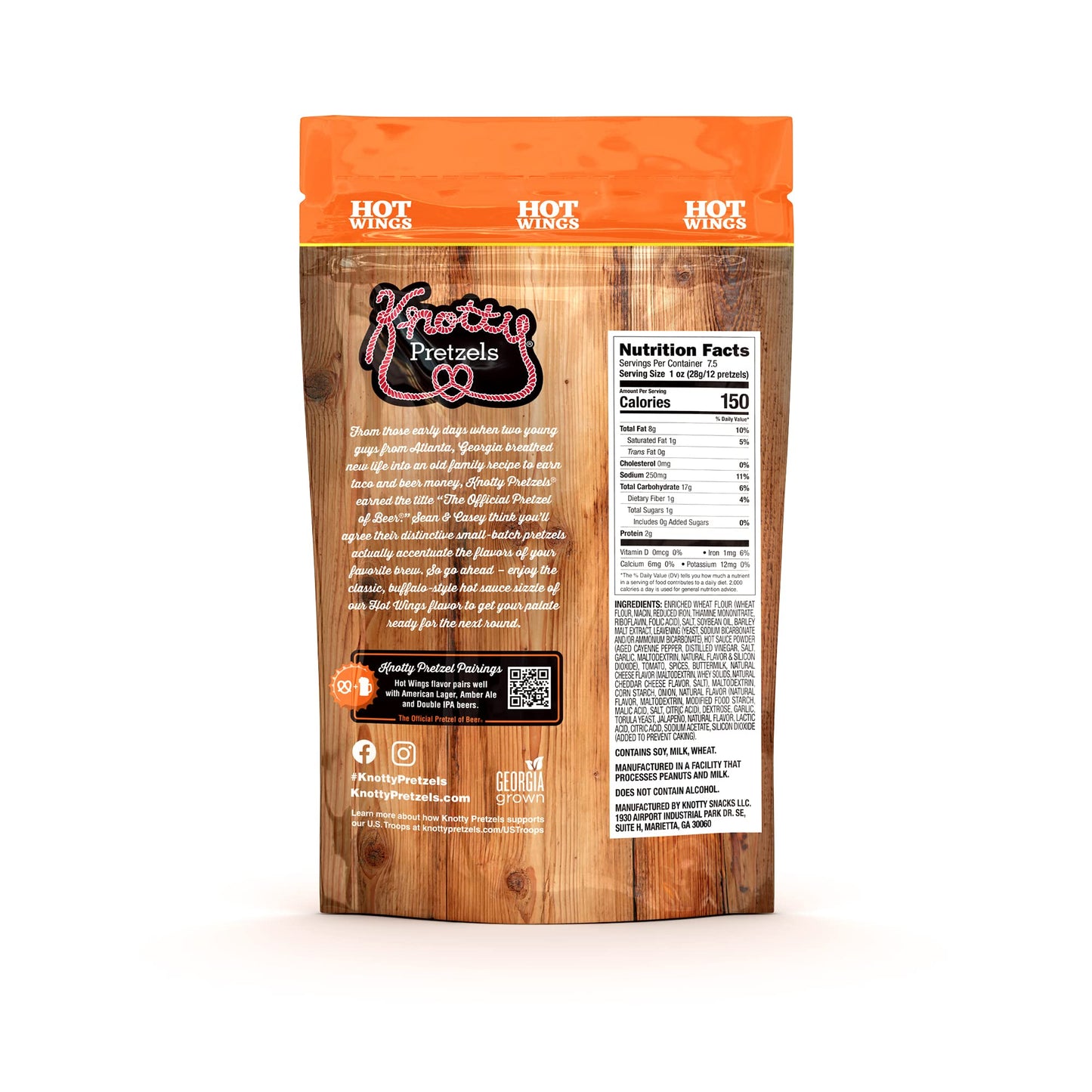 Knotty Pretzels Seasoned Pretzels, Hot Wings Flavor, 7.5 oz Individual Bags, 3-Pack