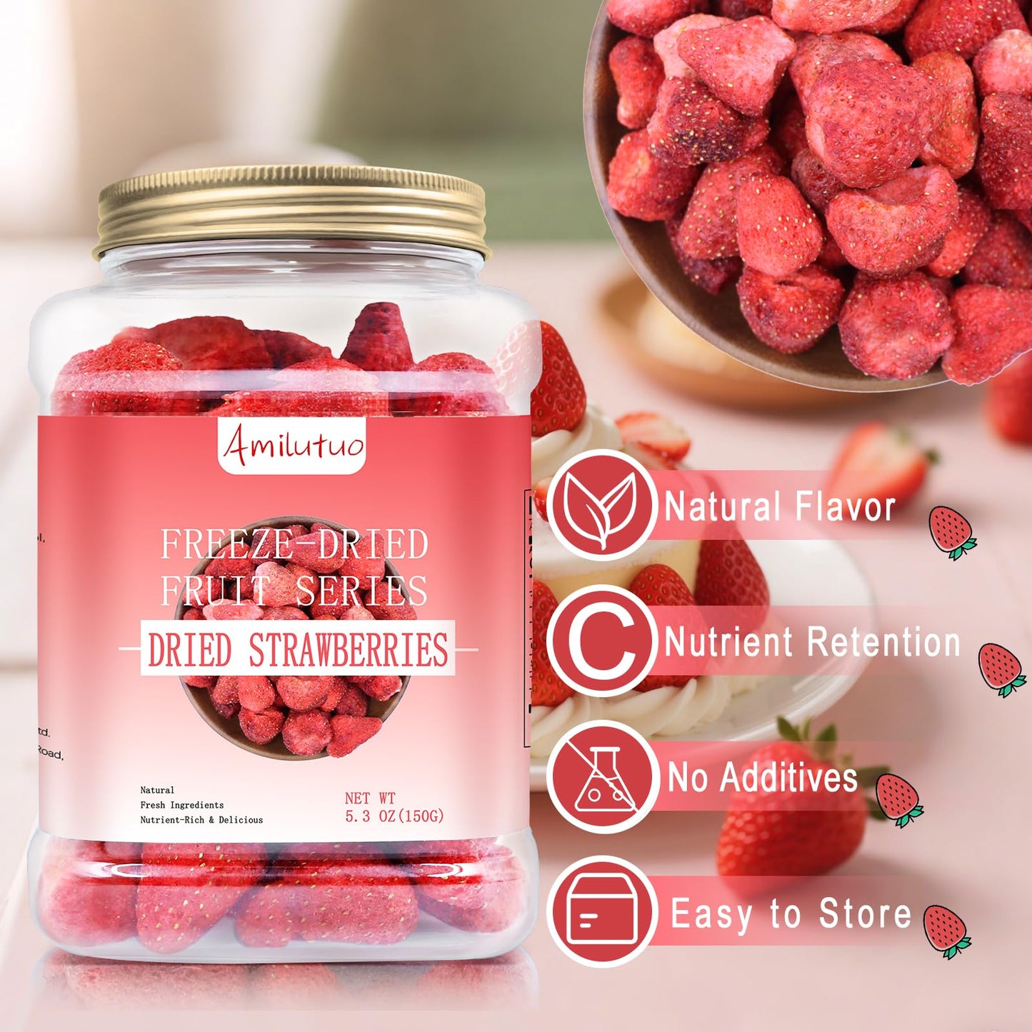 Freeze Dried Strawberries, 3.52Oz/100G Whole Freeze Dried Fruit, Whole Dehydrated Strawberry For Milk, Milkshakes, Breakfast, Ce
