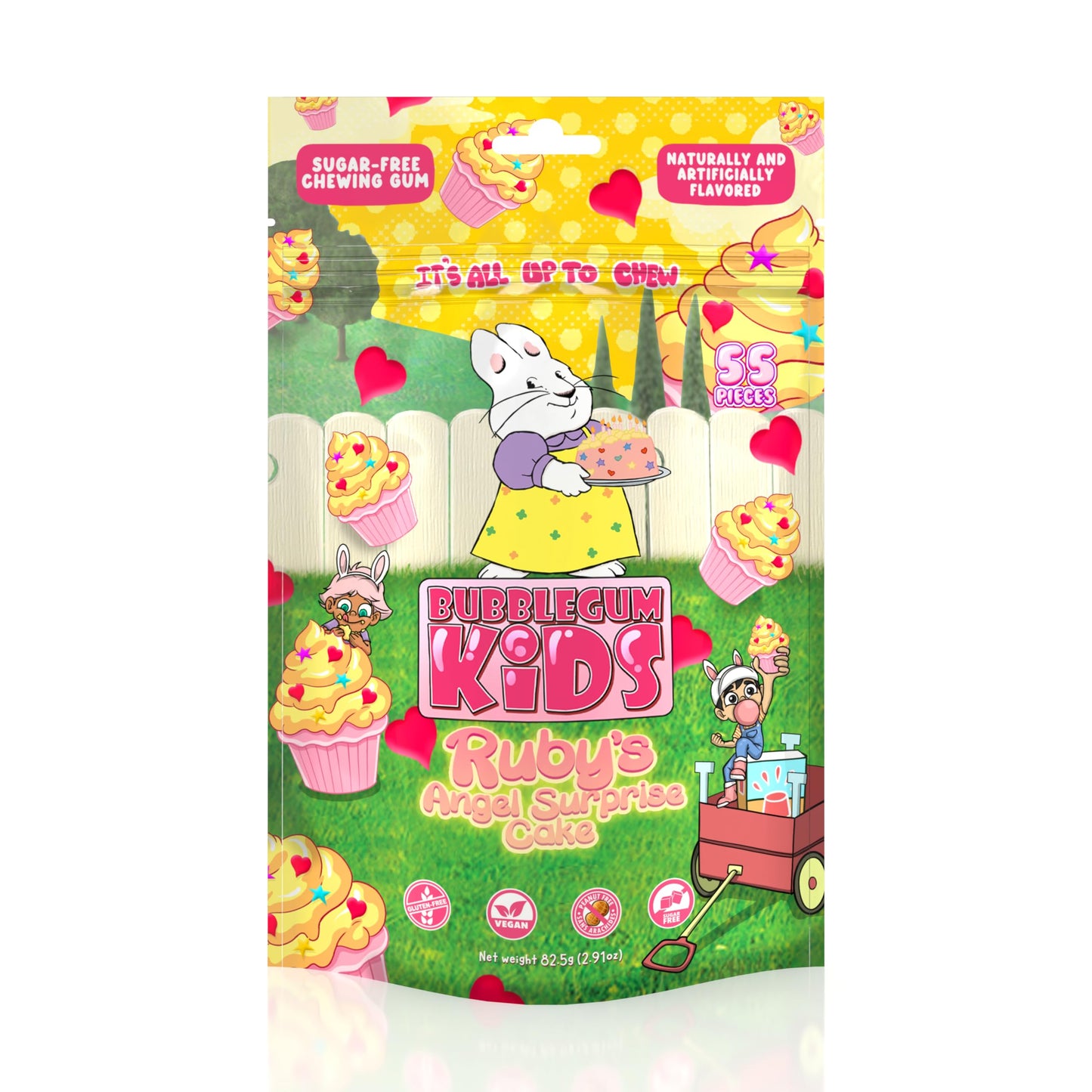 RubyS Angel Surprise Cake Sugar Free Gum By Bubblegum Kids | Stocking Stuffers  Holiday Candy  Party Favors | Chocolate Flavor Chewing Gum | Sugarless  Vegan  Peanut Free  Low Calorie For Kids & 18+ Uses | 1 Pack