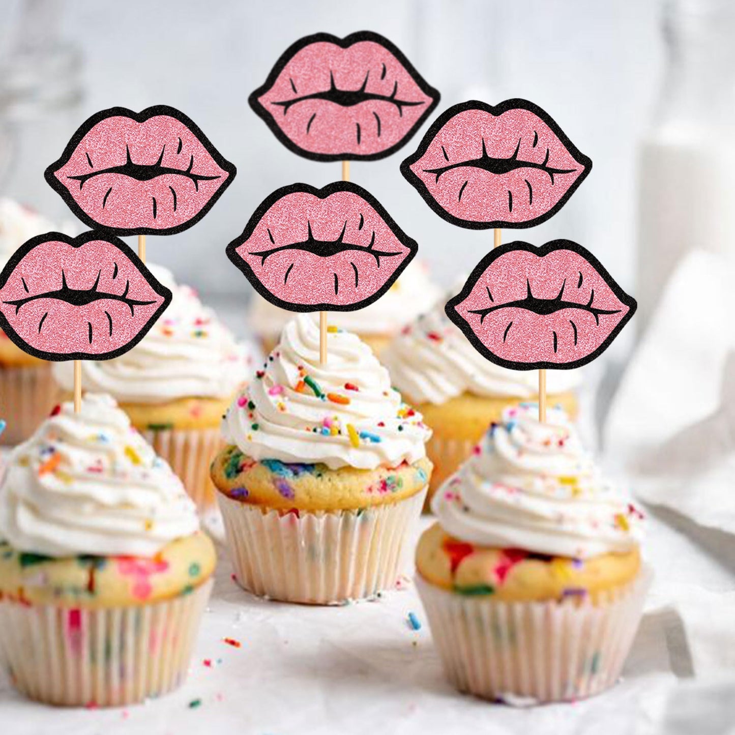 Cyodoos 24 Pcs Glitter Pink Lip Cupcake Toppers, Pink Glitter Girls Cupcake Toppers, Lip Cupcake Picks, Cake Topper For Wedding