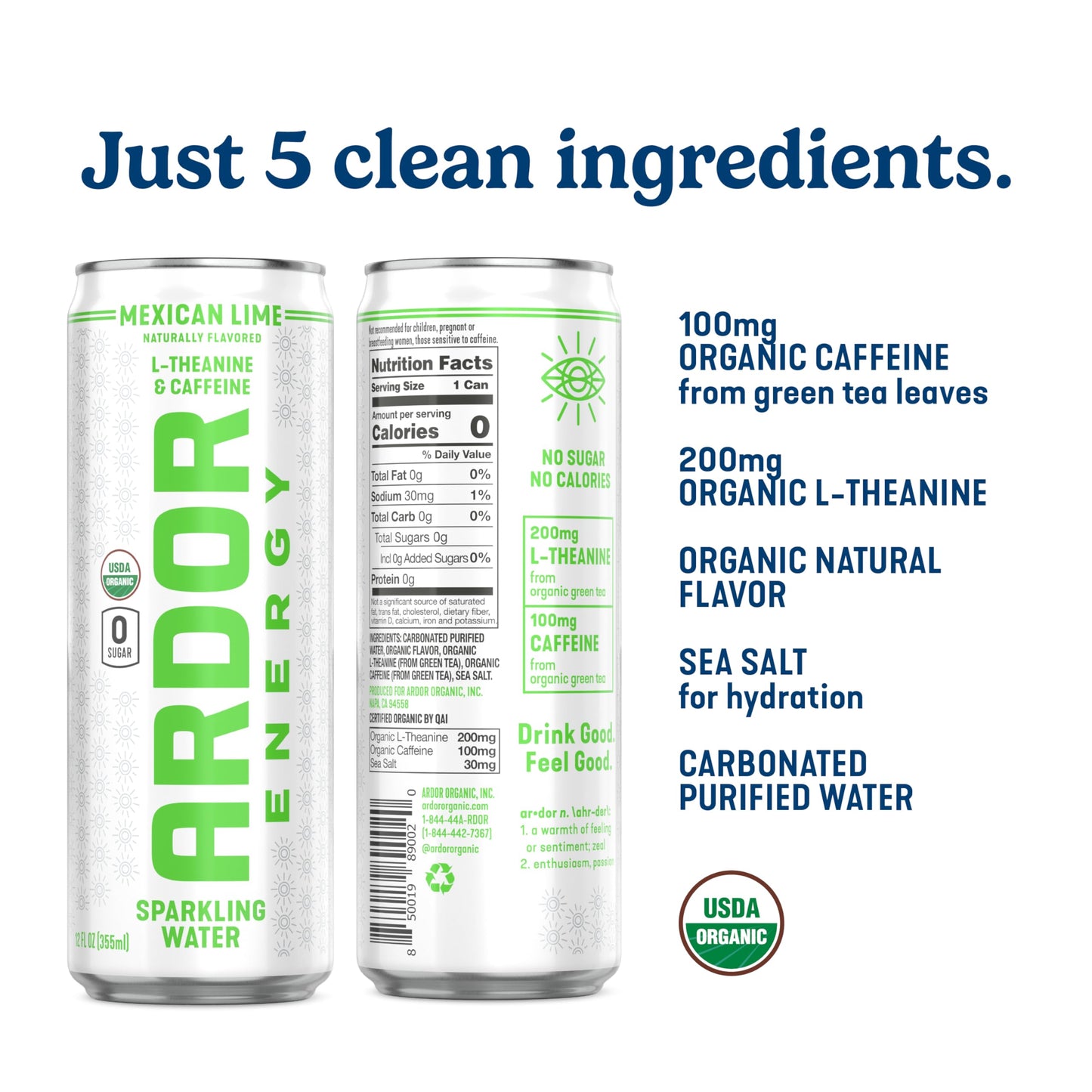 ARDOR ENERGY Sparkling Water, Mexican Lime, 12 Fl Oz, 12 Pack, 100mg Organic Caffeine, Vegan, Gluten Free, No Sugar, No Calories