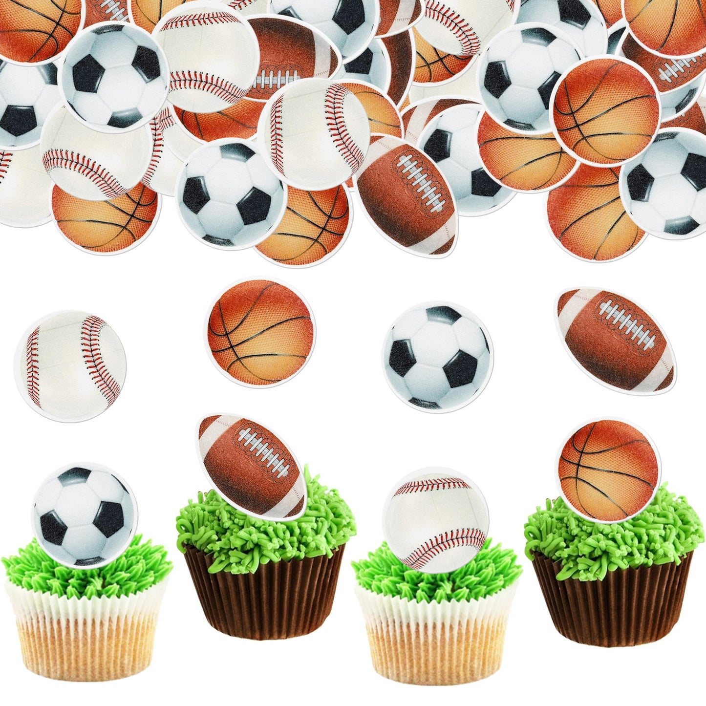 48 PCS Edible Sports Cupcake Toppers Wafer Paper Baseball Rugby Cupcake Picks Edible Basketball Soccer Football for Cake Decorat