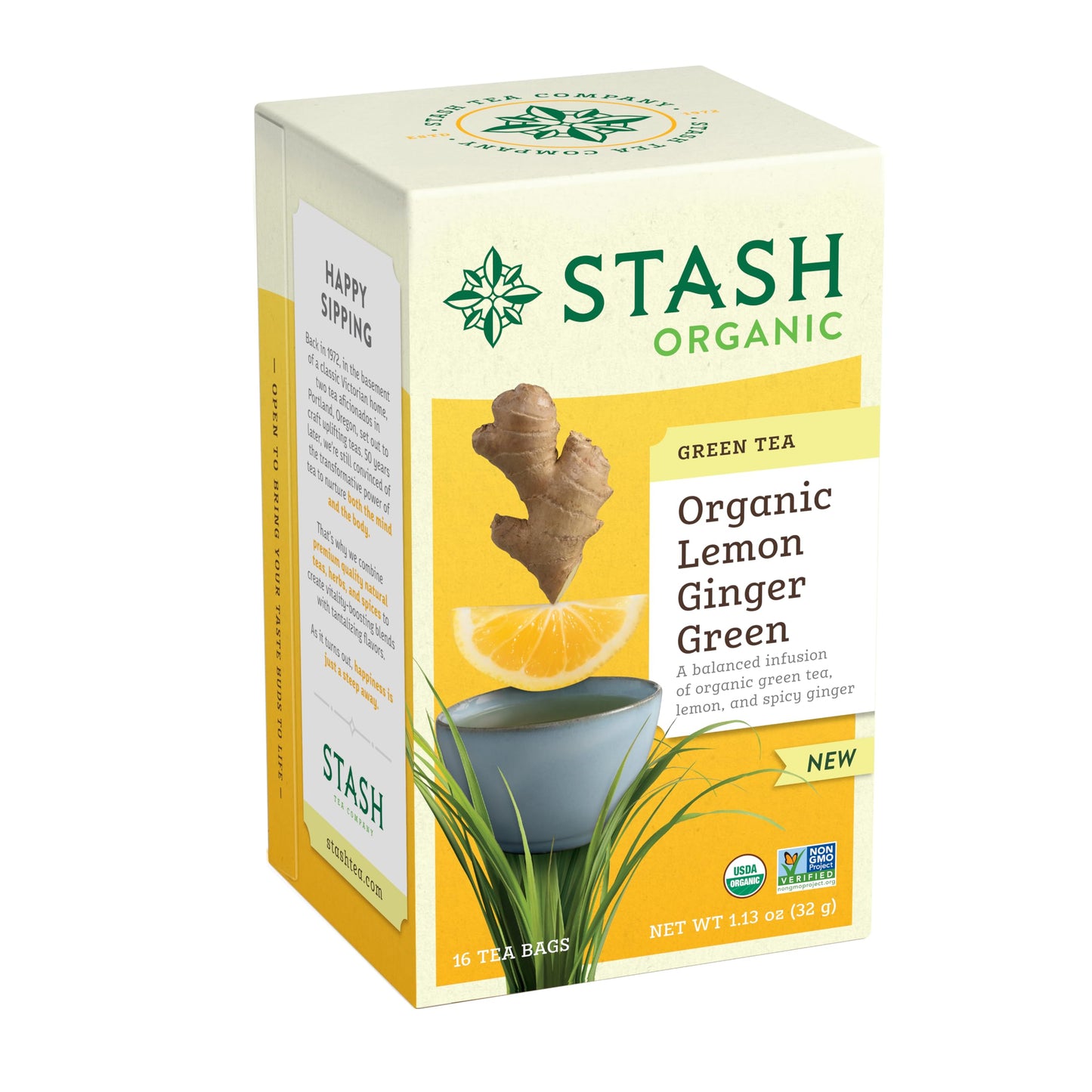 Stash Tea Organic Lemon Ginger Green Tea, Caffeinated, Non-GMO Project Verified, Serve Hot or Iced, 96 Tea Bags, 16 count (6 pac