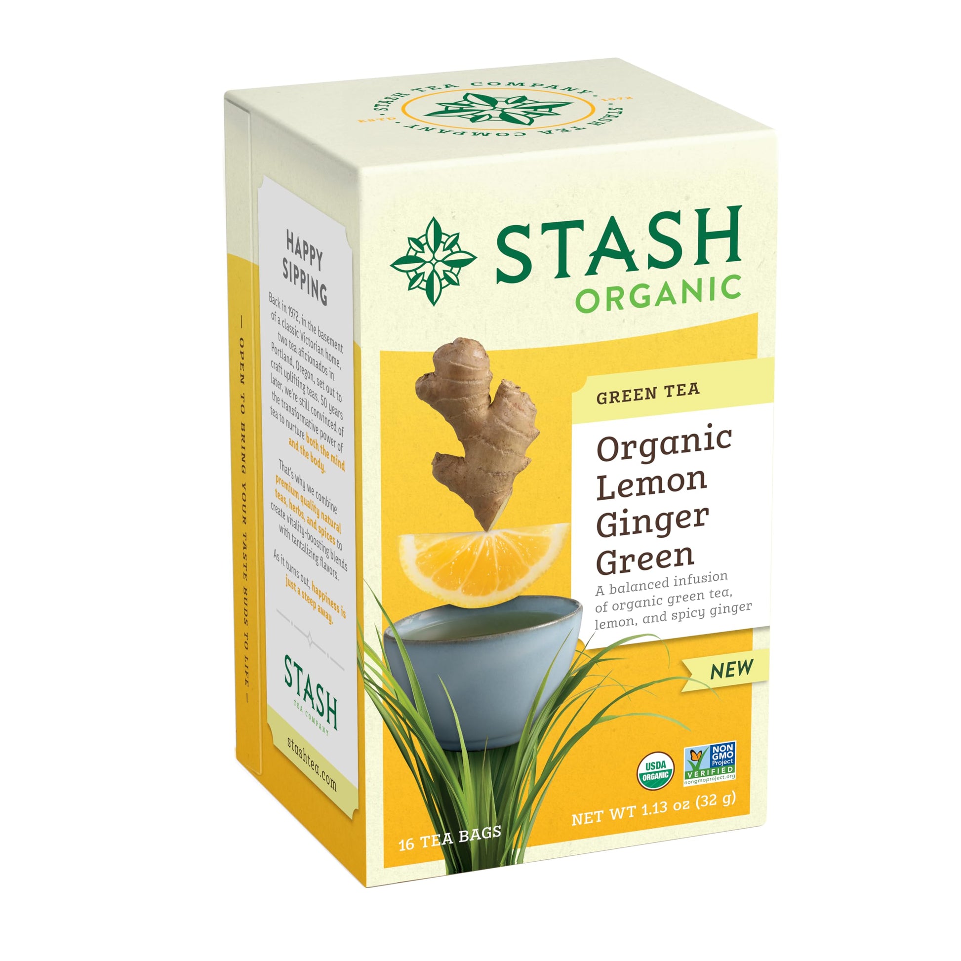 Stash Tea Organic Lemon Ginger Green Tea, Caffeinated, Non-GMO Project Verified, Serve Hot or Iced, 96 Tea Bags, 16 count (6 pac