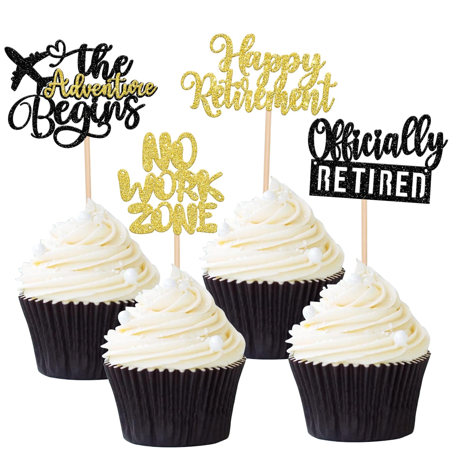 Rsstarxi Cupcake Toppers - 24 Pack Retired Cake Decorations, Black Gold, Cardstock for Retirement Party